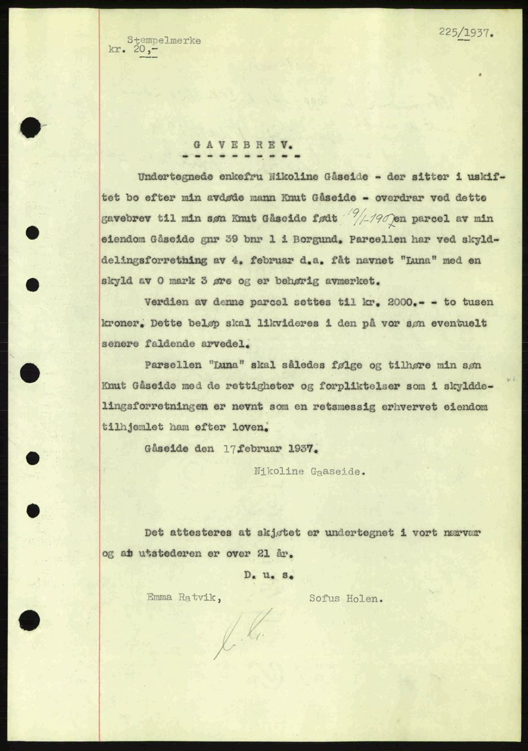 Nordre Sunnmøre sorenskriveri, AV/SAT-A-0006/1/2/2C/2Ca: Mortgage book no. A2, 1936-1937, Diary no: : 225/1937