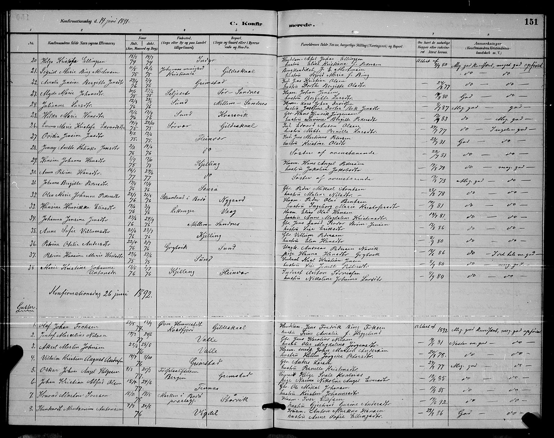 Ministerialprotokoller, klokkerbøker og fødselsregistre - Nordland, AV/SAT-A-1459/805/L0108: Parish register (copy) no. 805C04, 1885-1899, p. 151