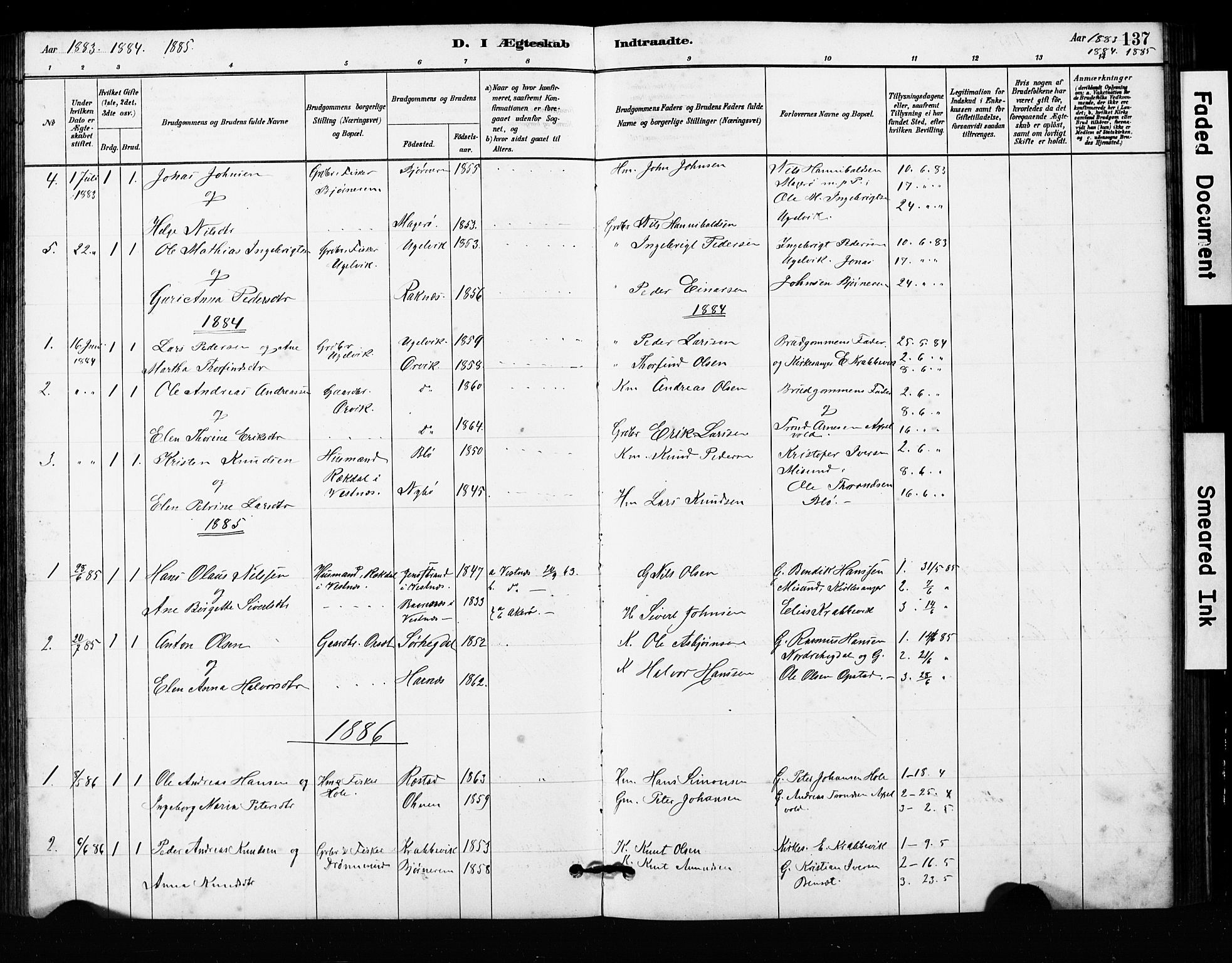 Ministerialprotokoller, klokkerbøker og fødselsregistre - Møre og Romsdal, SAT/A-1454/563/L0737: Parish register (copy) no. 563C01, 1878-1916, p. 137