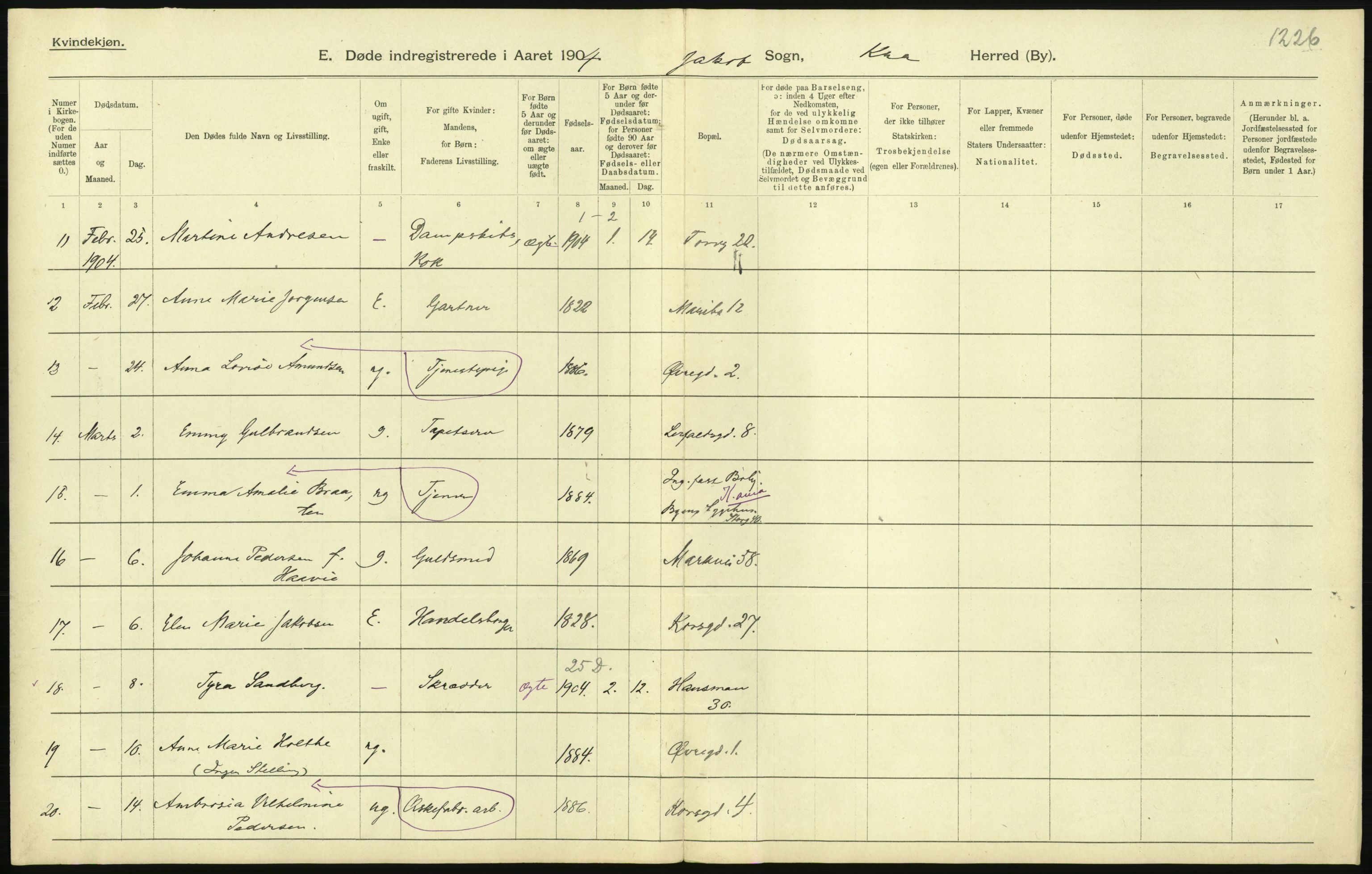 Statistisk sentralbyrå, Sosiodemografiske emner, Befolkning, AV/RA-S-2228/D/Df/Dfa/Dfab/L0004: Kristiania: Gifte, døde, 1904, p. 385