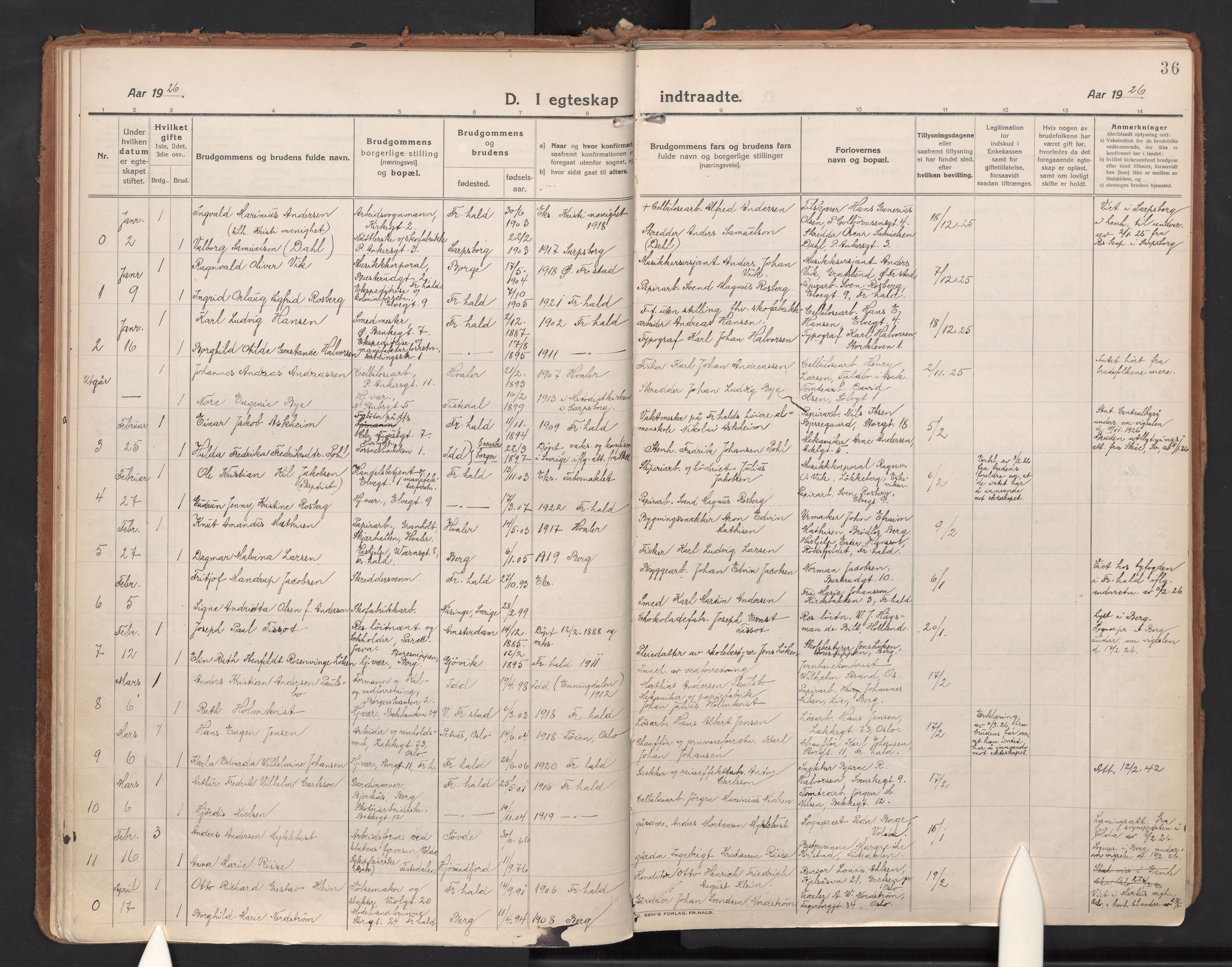 Halden prestekontor Kirkebøker, SAO/A-10909/F/Fa/L0017: Parish register (official) no. I 17, 1921-1945, p. 36