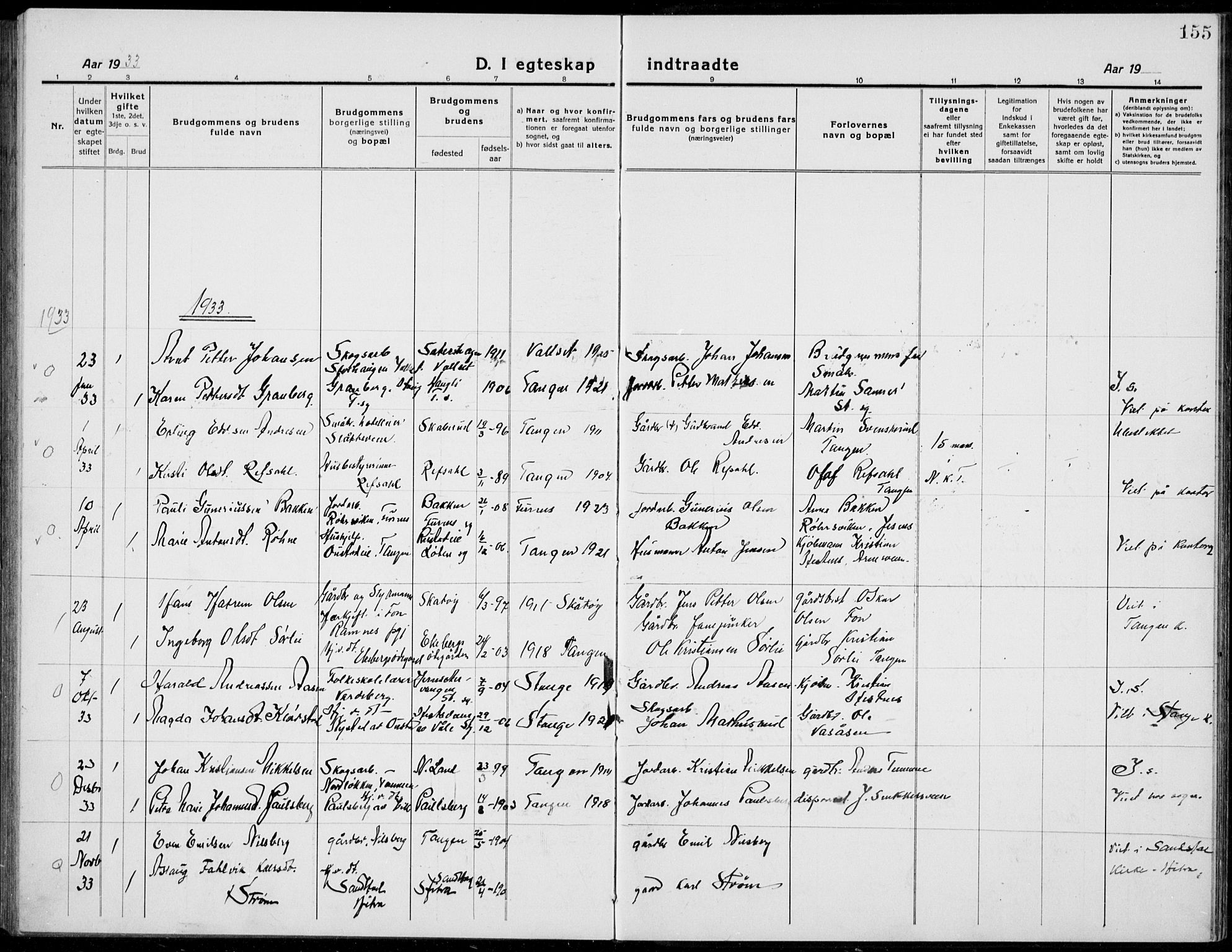 Stange prestekontor, SAH/PREST-002/L/L0017: Parish register (copy) no. 17, 1918-1936, p. 155