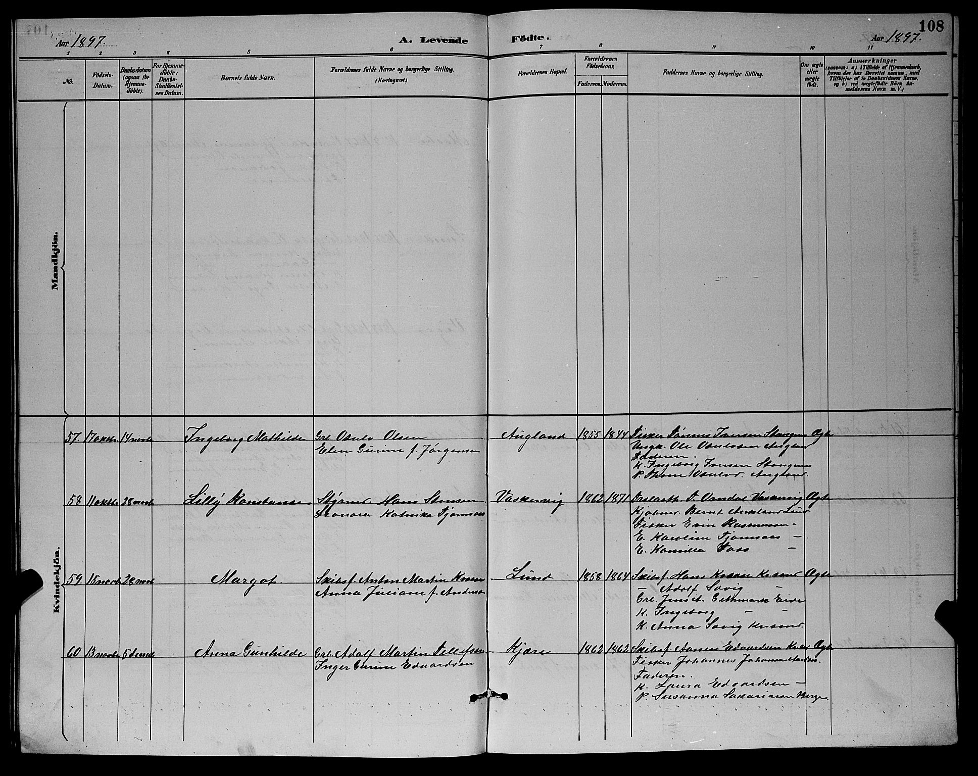 Oddernes sokneprestkontor, AV/SAK-1111-0033/F/Fb/Fba/L0008: Parish register (copy) no. B 8, 1887-1898, p. 108