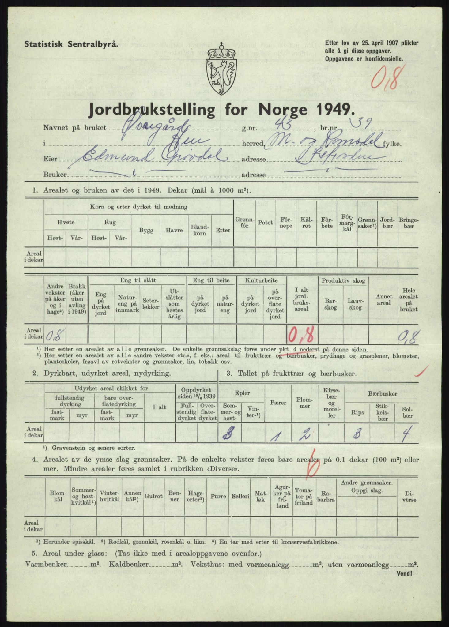 Statistisk sentralbyrå, Næringsøkonomiske emner, Jordbruk, skogbruk, jakt, fiske og fangst, AV/RA-S-2234/G/Gc/L0323: Møre og Romsdal: Grytten og Hen, 1949, p. 411