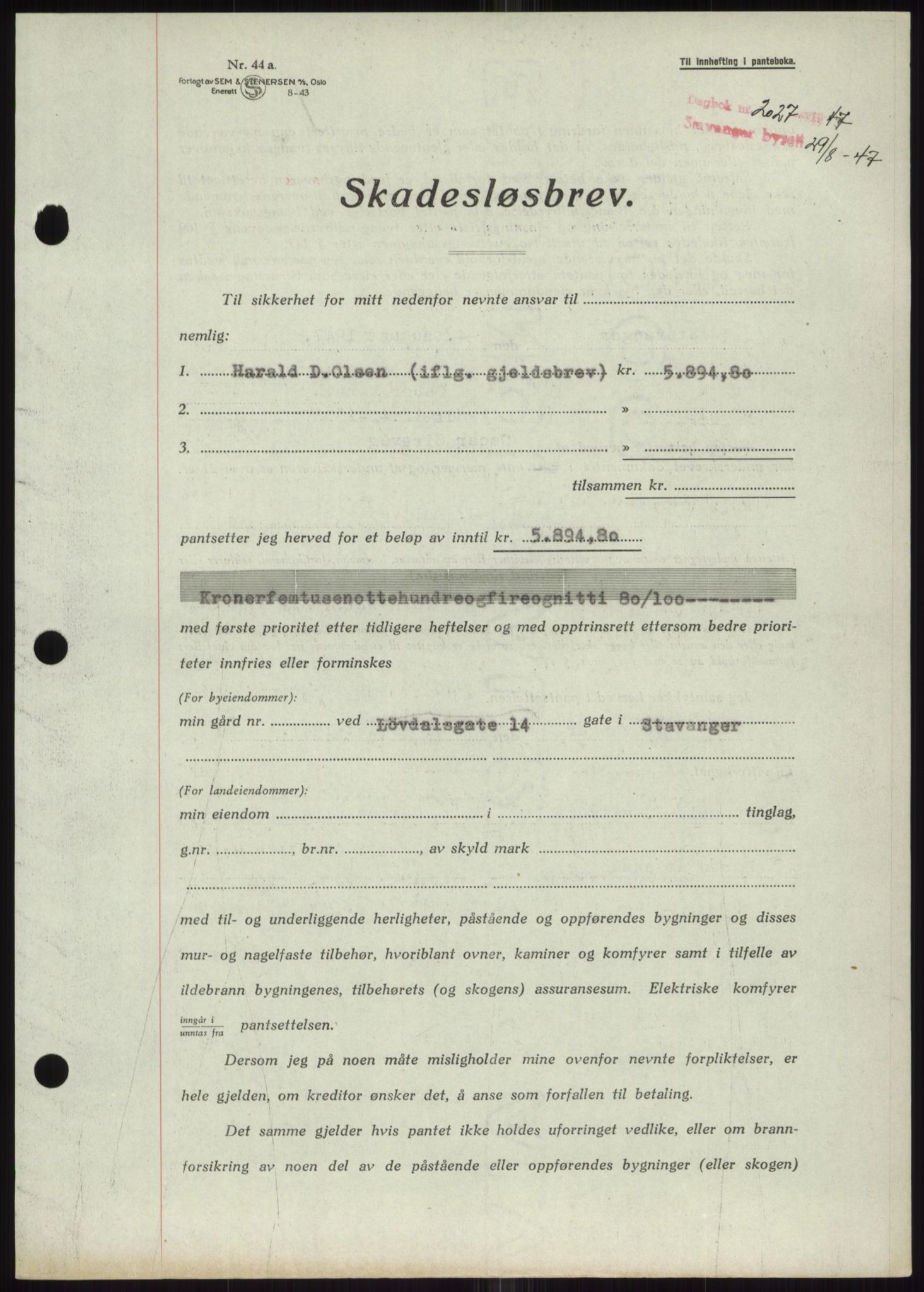 Stavanger byrett, SAST/A-100455/002/G/Gb/L0032: Mortgage book, 1947-1950, Diary no: : 2027/1947