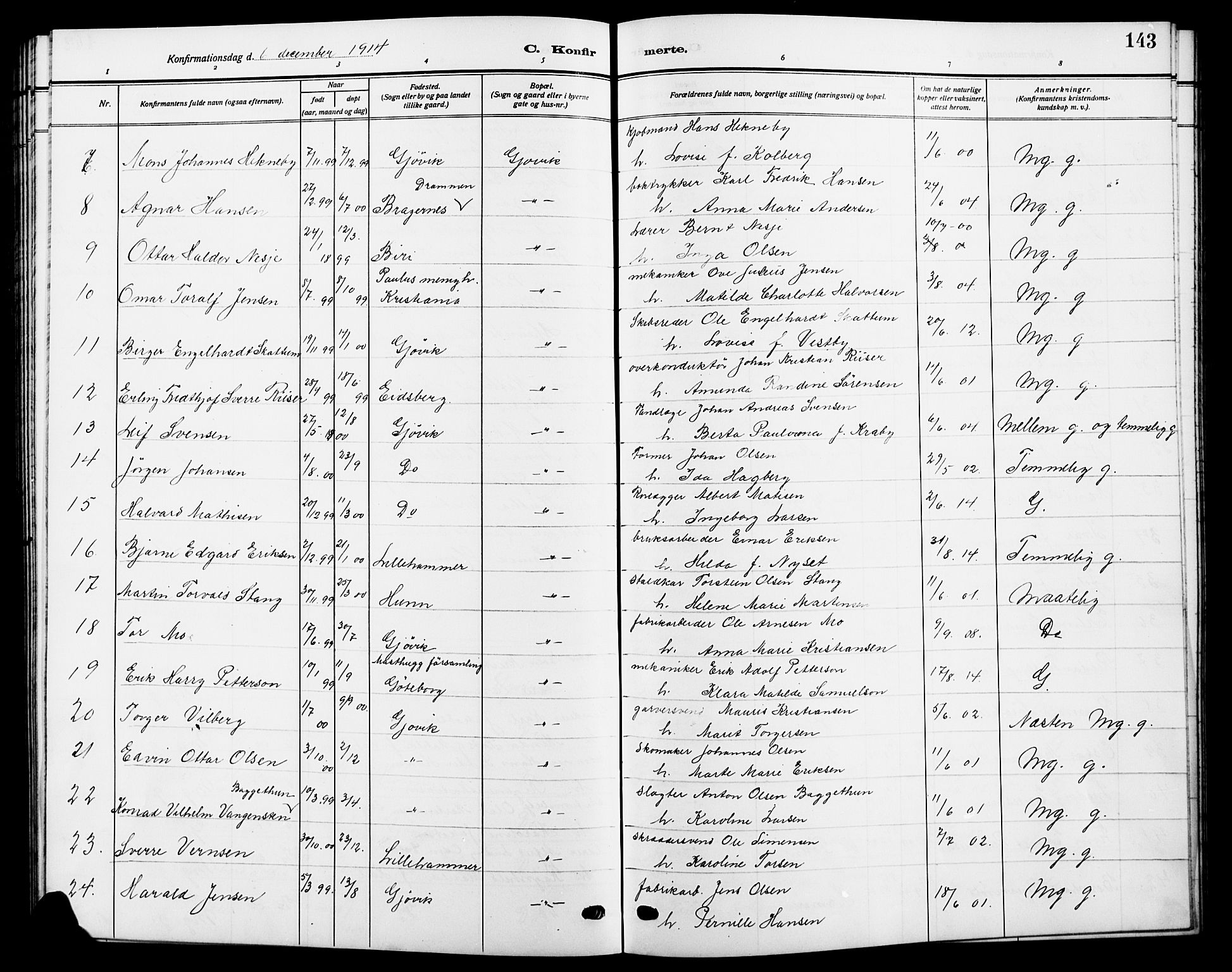 Vardal prestekontor, SAH/PREST-100/H/Ha/Hab/L0014: Parish register (copy) no. 14, 1911-1922, p. 143