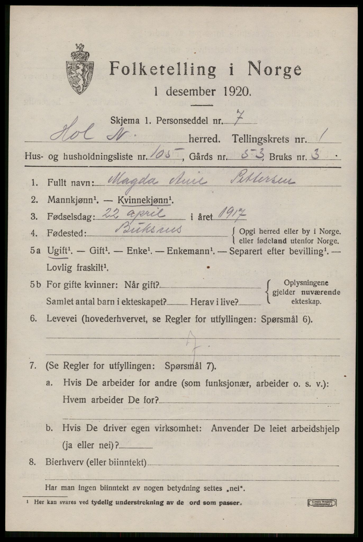 SAT, 1920 census for Hol, 1920, p. 1785