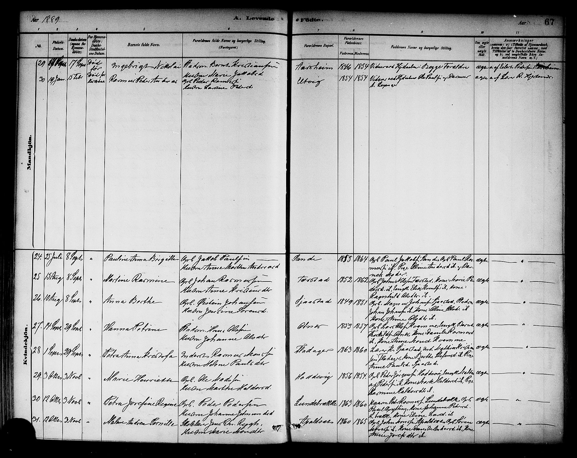 Selje sokneprestembete, AV/SAB-A-99938/H/Ha/Haa/Haab: Parish register (official) no. B 1, 1881-1890, p. 67