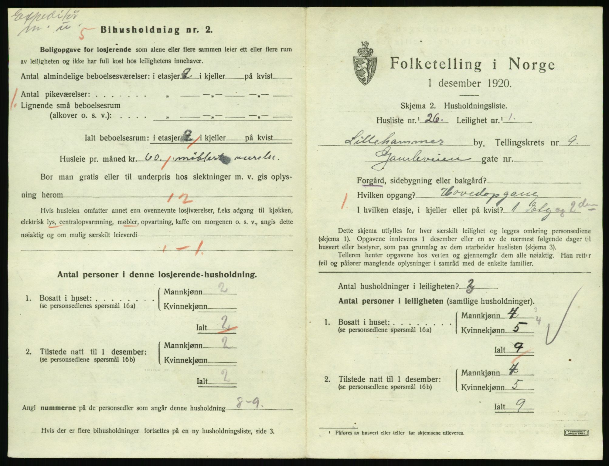 SAH, 1920 census for Lillehammer, 1920, p. 3122