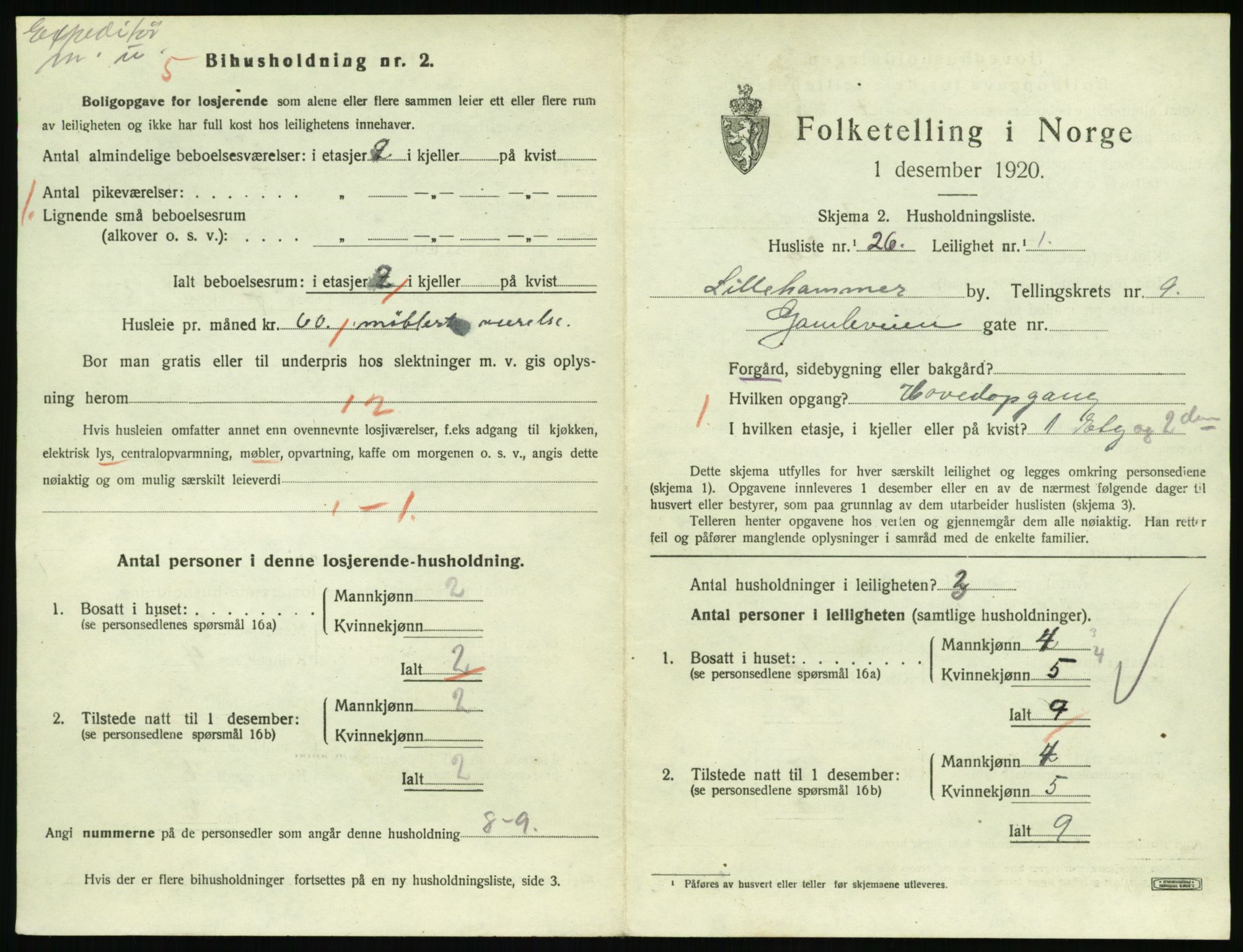 SAH, 1920 census for Lillehammer, 1920, p. 3122