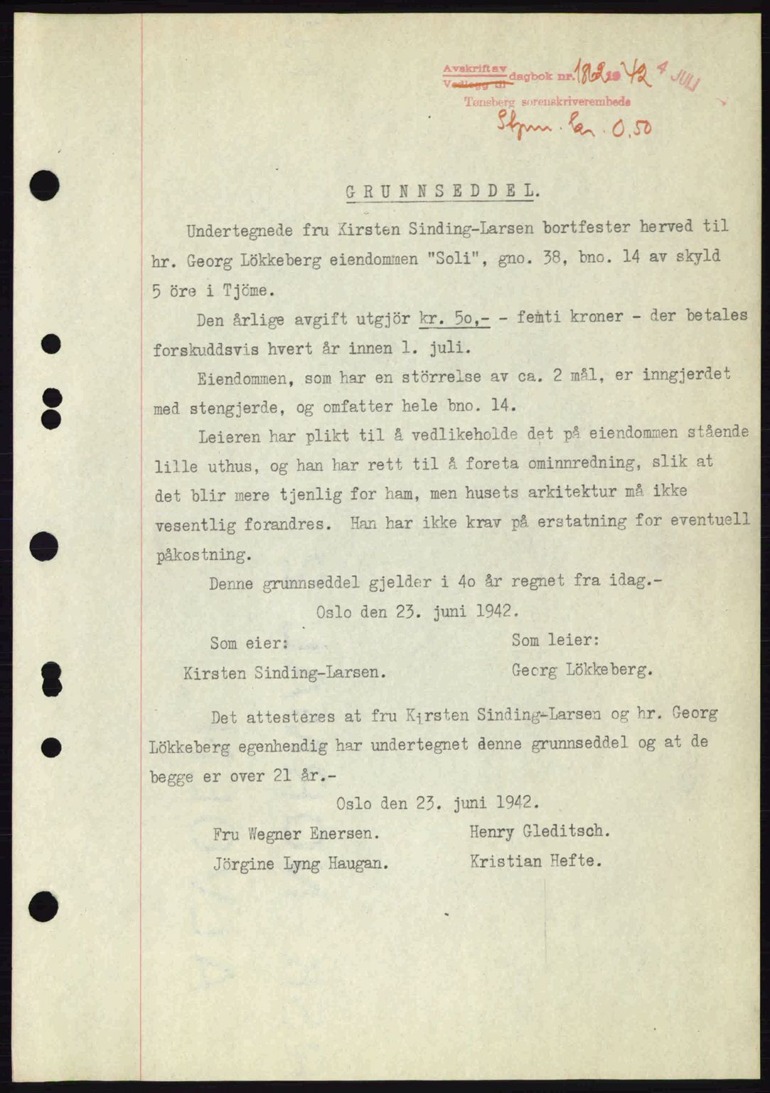 Tønsberg sorenskriveri, AV/SAKO-A-130/G/Ga/Gaa/L0011: Mortgage book no. A11, 1941-1942, Diary no: : 1862/1942