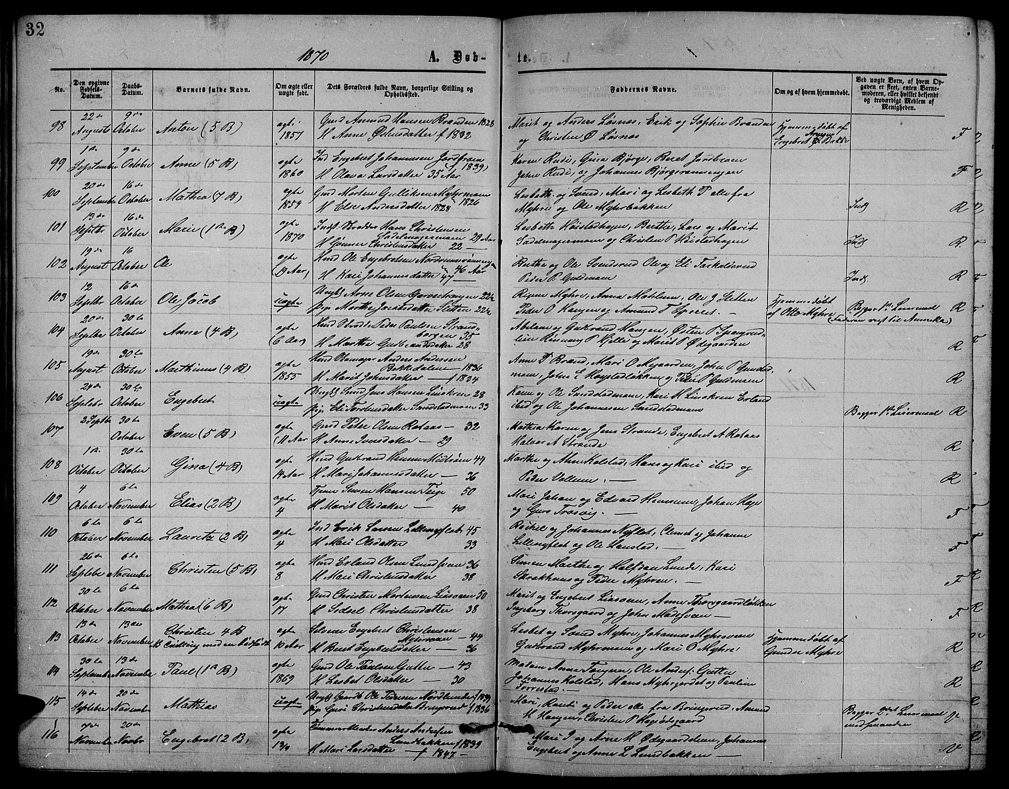 Ringebu prestekontor, SAH/PREST-082/H/Ha/Hab/L0004: Parish register (copy) no. 4, 1867-1879, p. 32