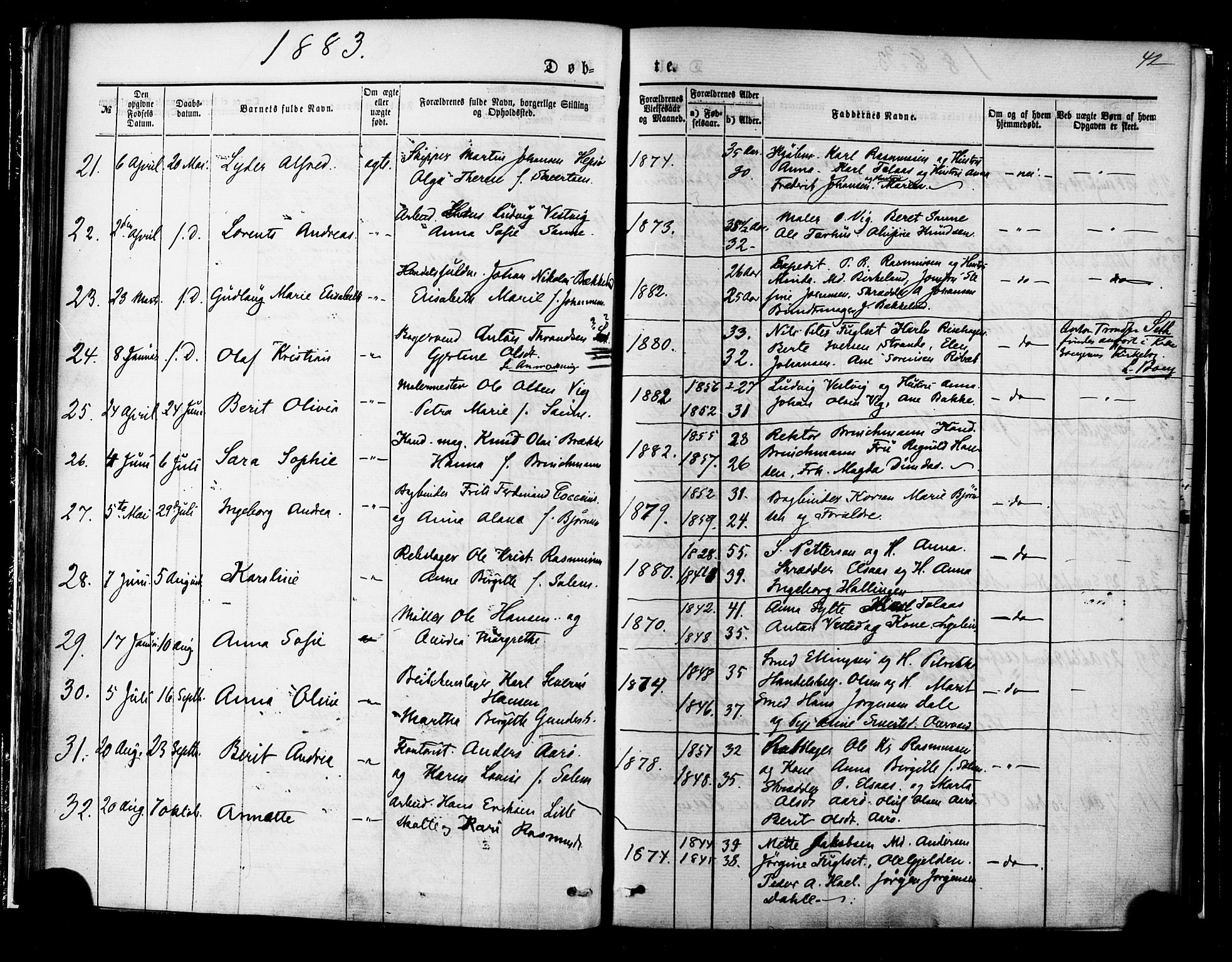 Ministerialprotokoller, klokkerbøker og fødselsregistre - Møre og Romsdal, SAT/A-1454/558/L0691: Parish register (official) no. 558A05, 1873-1886, p. 42
