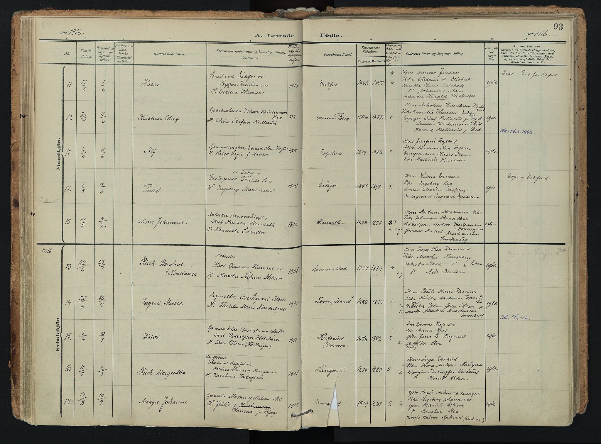 Hof kirkebøker, AV/SAKO-A-64/F/Fa/L0008: Parish register (official) no. I 8, 1902-1921, p. 93