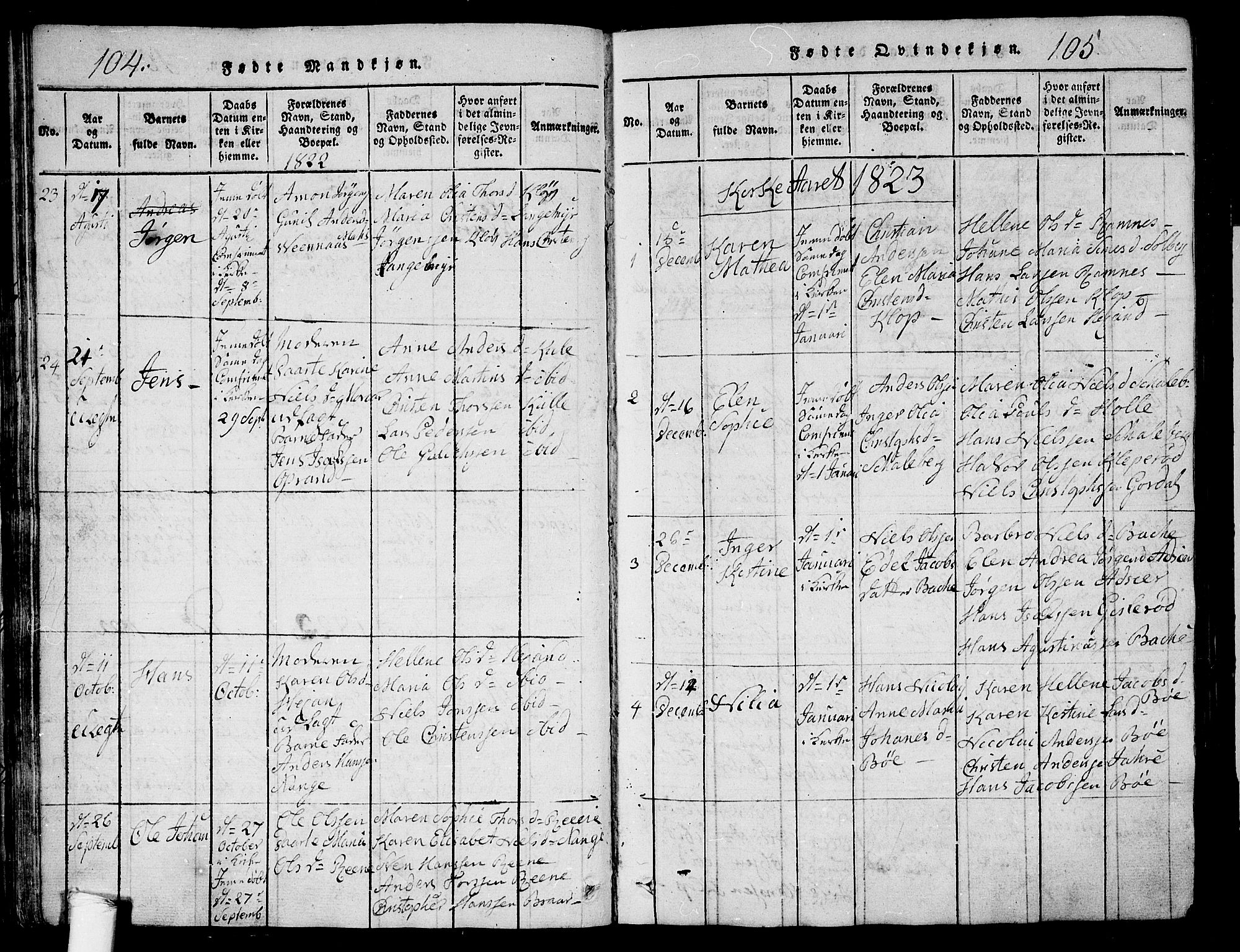 Ramnes kirkebøker, AV/SAKO-A-314/G/Ga/L0001: Parish register (copy) no. I 1, 1813-1847, p. 104-105