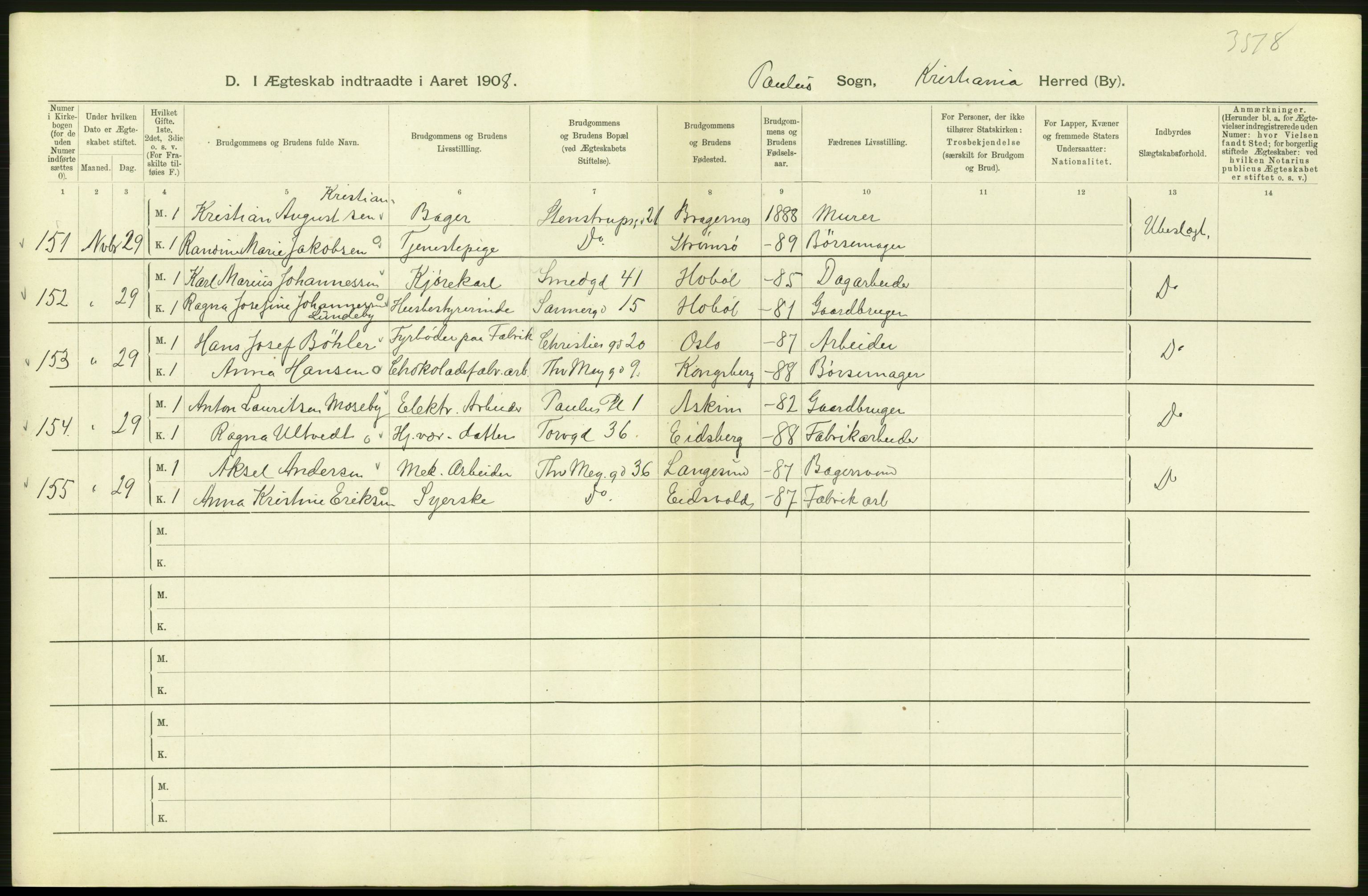 Statistisk sentralbyrå, Sosiodemografiske emner, Befolkning, AV/RA-S-2228/D/Df/Dfa/Dfaf/L0007: Kristiania: Gifte, 1908, p. 252