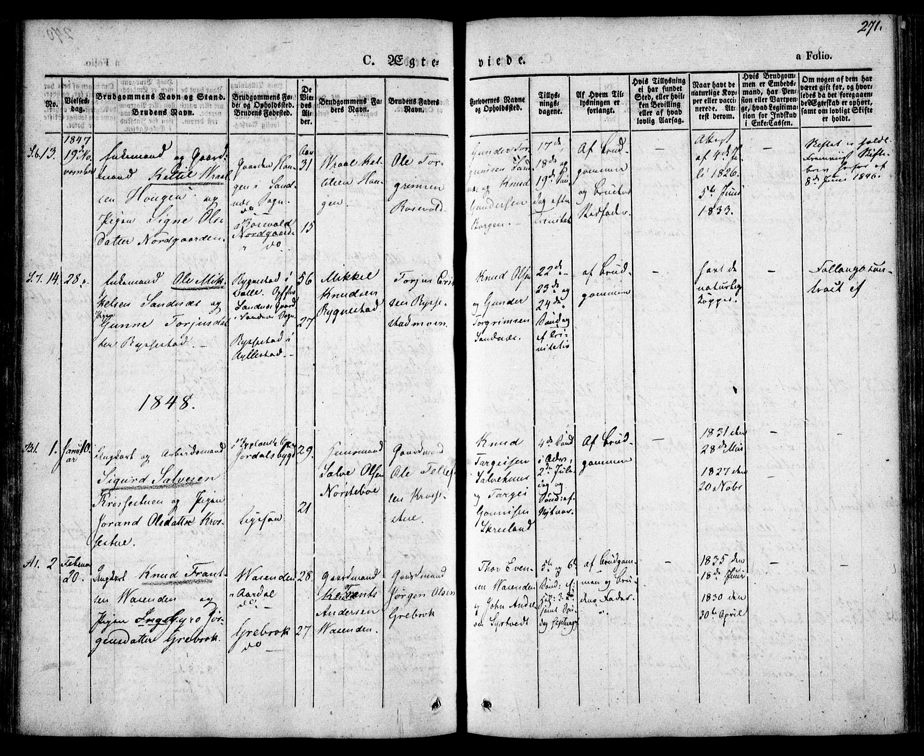 Bygland sokneprestkontor, SAK/1111-0006/F/Fa/Fab/L0004: Parish register (official) no. A 4, 1842-1858, p. 271