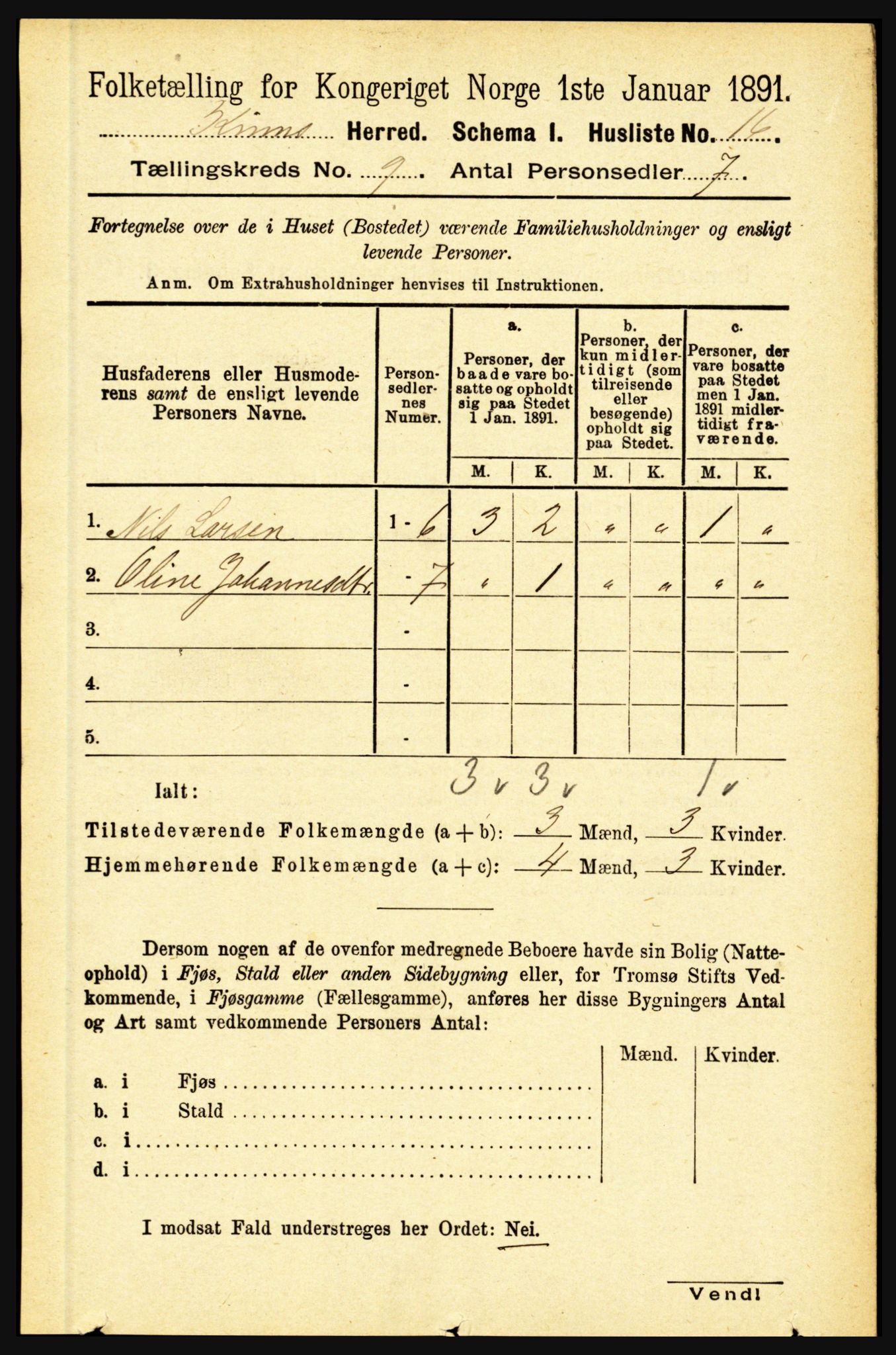 RA, 1891 census for 1437 Kinn, 1891, p. 3416