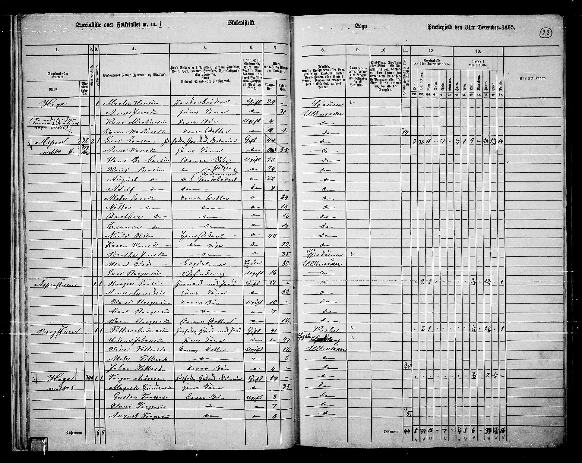 RA, 1865 census for Ullensaker, 1865, p. 19