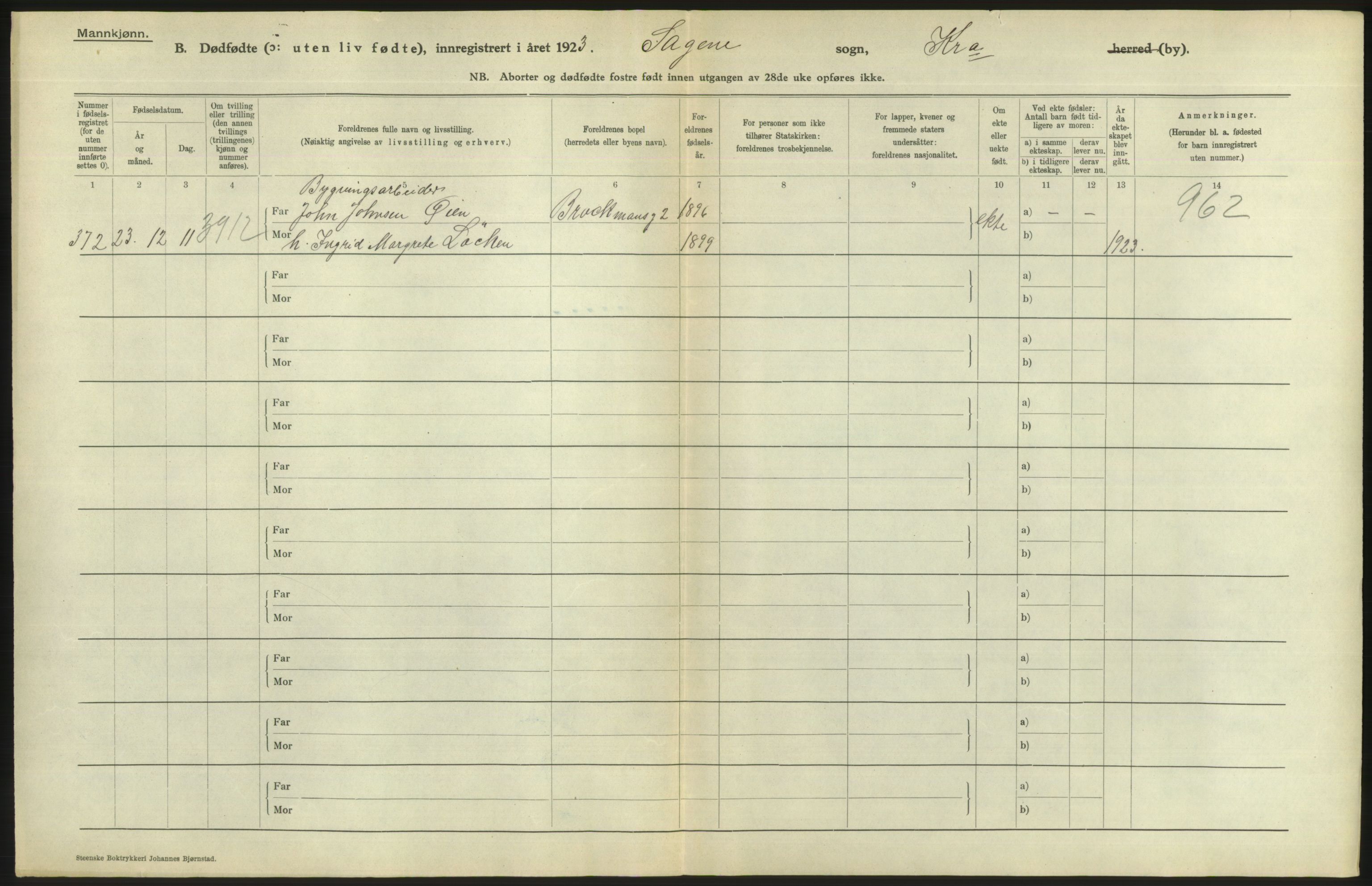 Statistisk sentralbyrå, Sosiodemografiske emner, Befolkning, RA/S-2228/D/Df/Dfc/Dfcc/L0010: Kristiania: Døde, dødfødte, 1923, p. 22