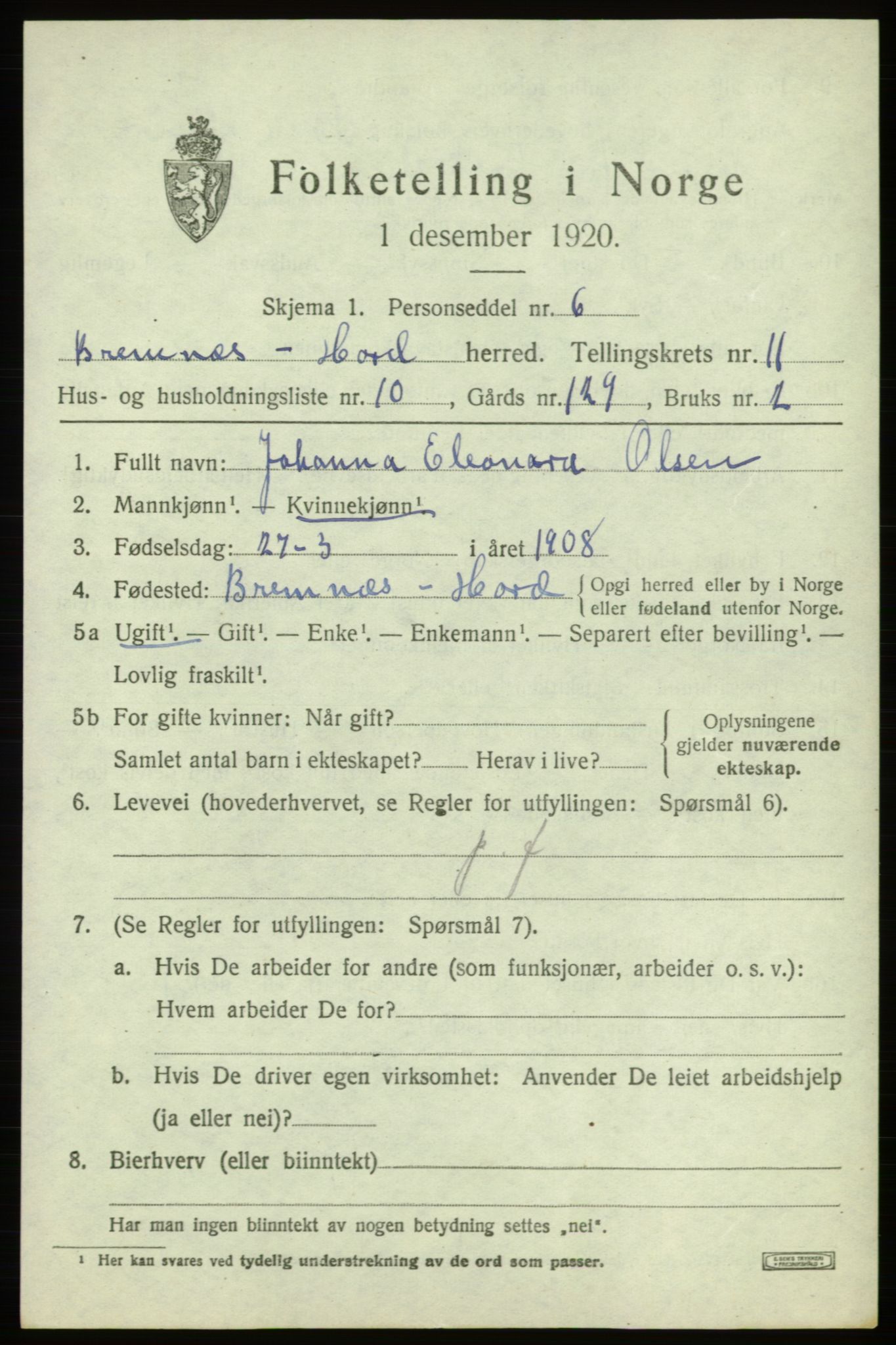 SAB, 1920 census for Bremnes, 1920, p. 6726