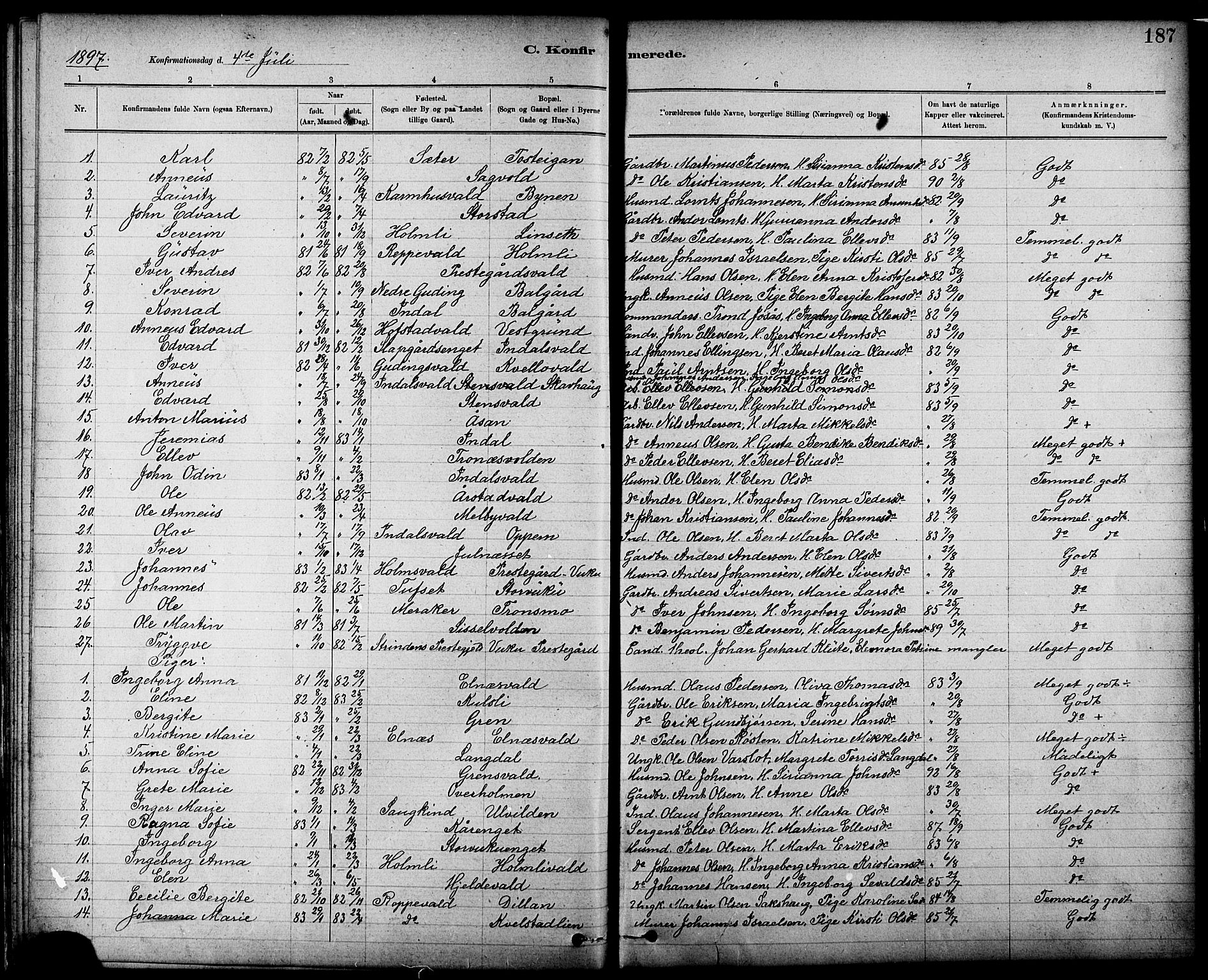 Ministerialprotokoller, klokkerbøker og fødselsregistre - Nord-Trøndelag, SAT/A-1458/724/L0267: Parish register (copy) no. 724C03, 1879-1898, p. 187