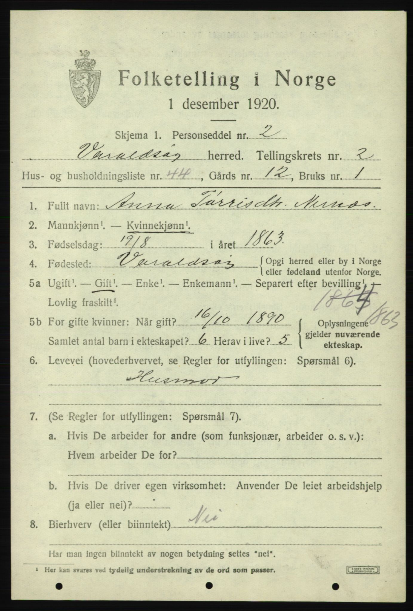 SAB, 1920 census for Varaldsøy, 1920, p. 1249