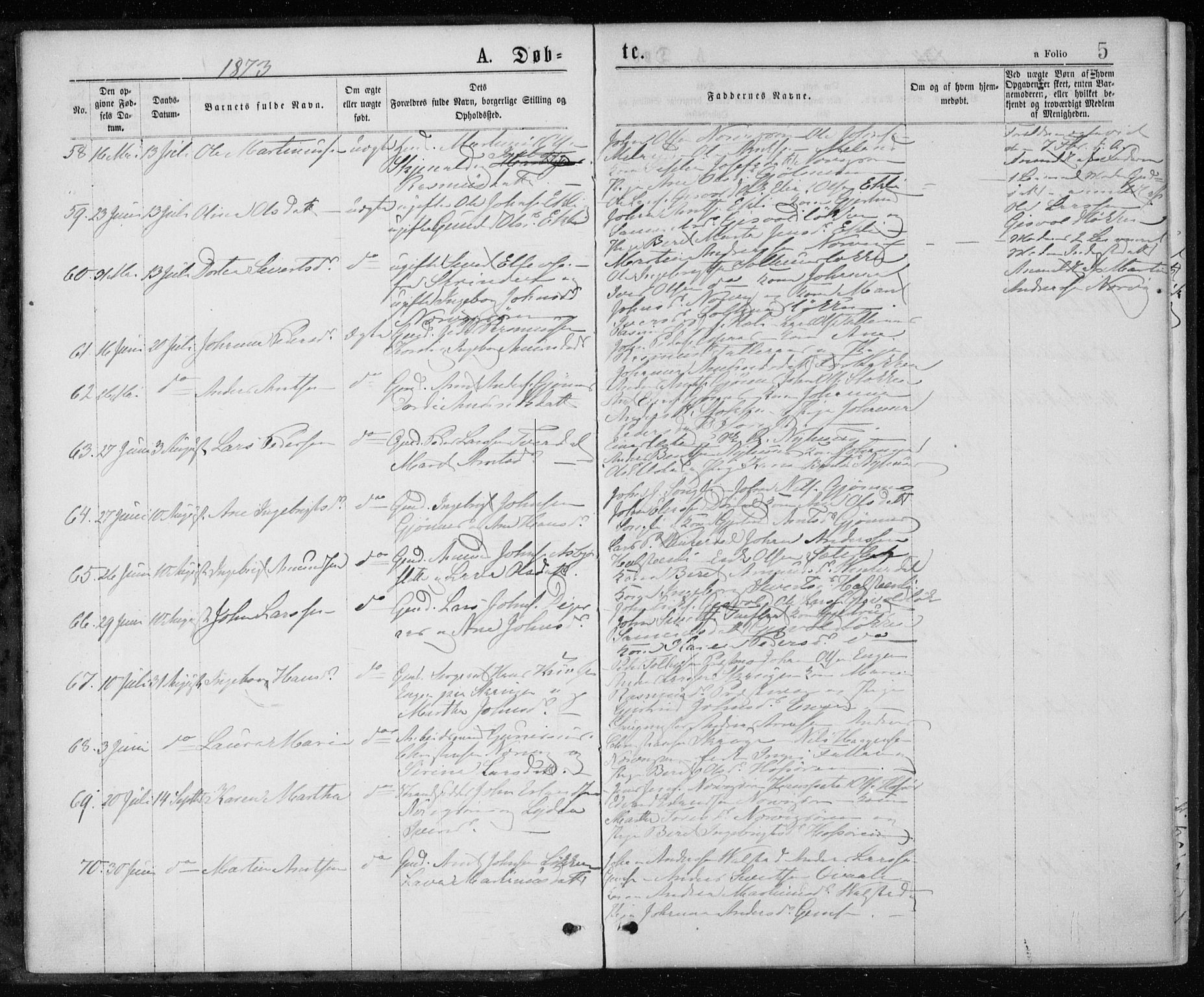 Ministerialprotokoller, klokkerbøker og fødselsregistre - Sør-Trøndelag, AV/SAT-A-1456/668/L0817: Parish register (copy) no. 668C06, 1873-1884, p. 5