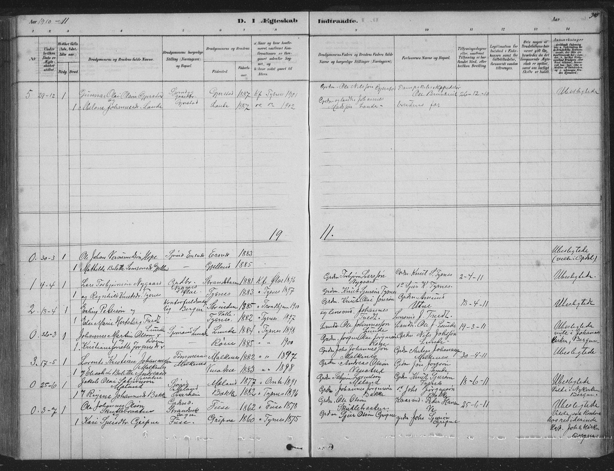 Tysnes sokneprestembete, AV/SAB-A-78601/H/Hab: Parish register (copy) no. B 2, 1878-1918, p. 305