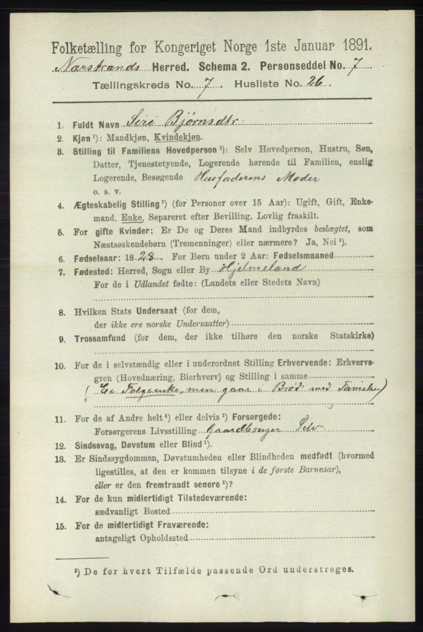 RA, 1891 census for 1139 Nedstrand, 1891, p. 1311