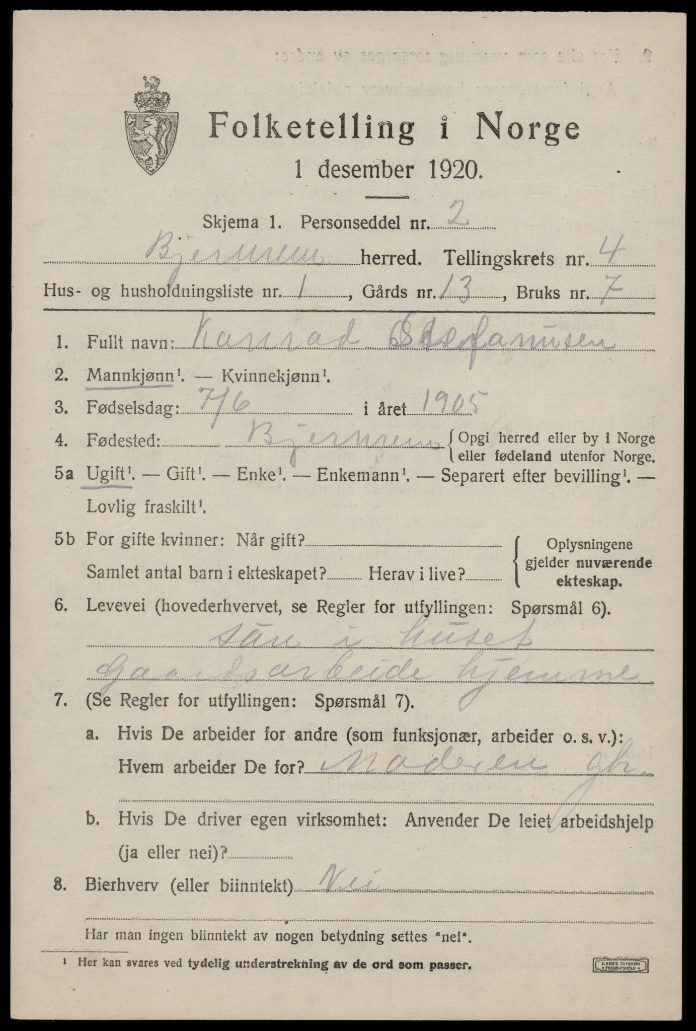 SAST, 1920 census for Bjerkreim, 1920, p. 1770