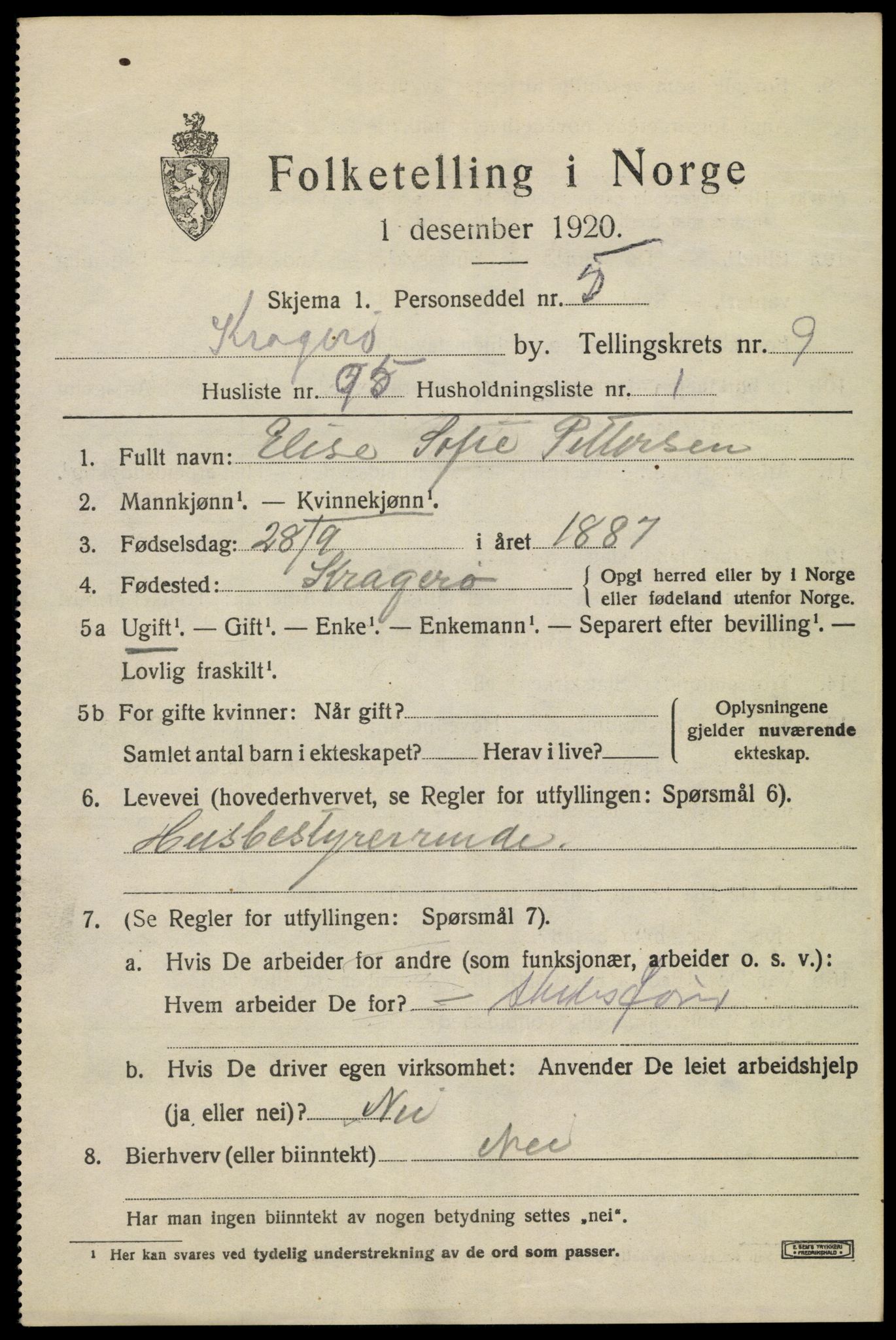 SAKO, 1920 census for Kragerø, 1920, p. 13001