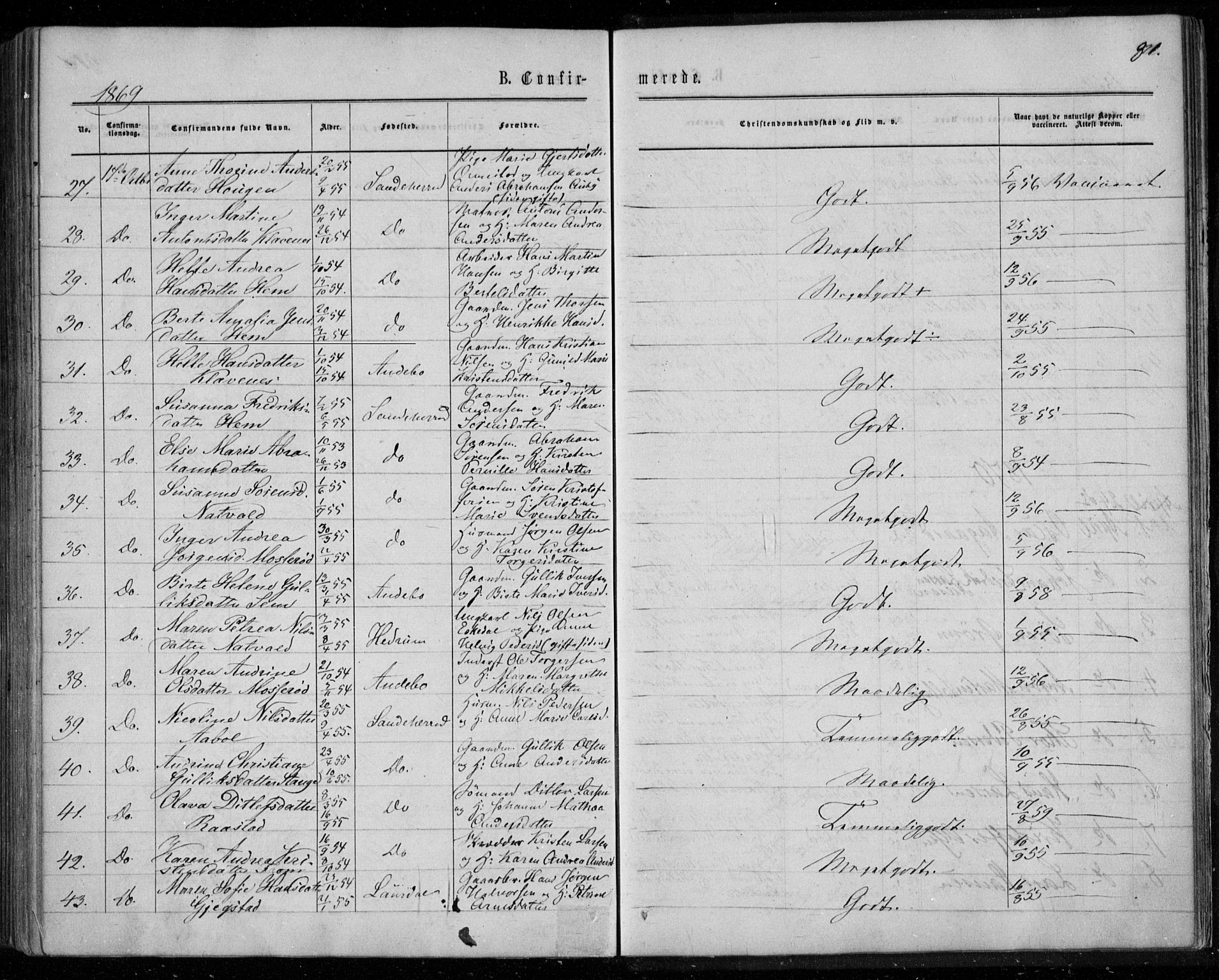 Sandar kirkebøker, SAKO/A-243/F/Fa/L0008: Parish register (official) no. 8, 1862-1871, p. 311