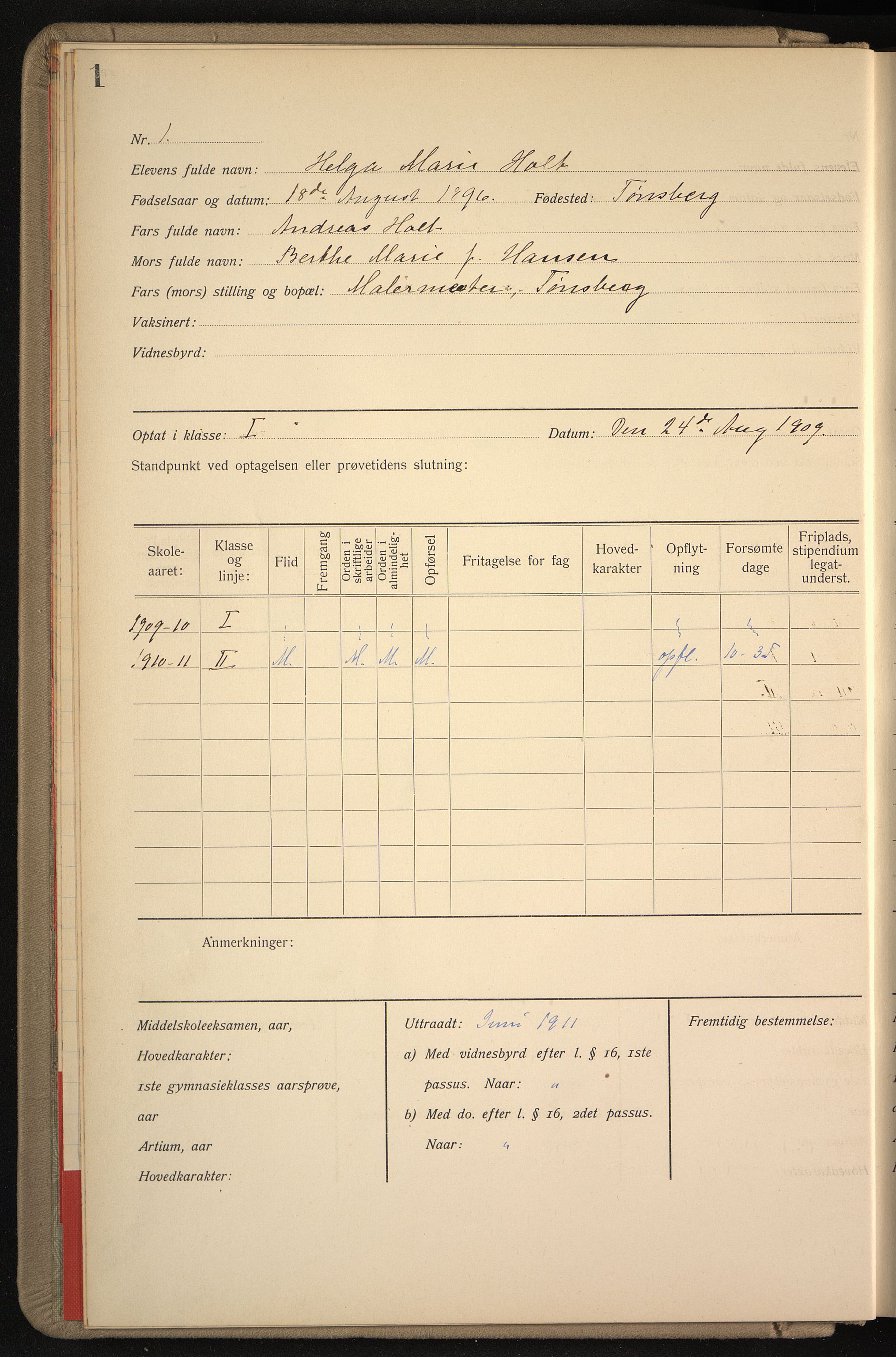 Vestfold fylkeskommune. Greveskogen videregående skole før 1998, VEMU/A-1162/G/Gb/L0003: Manntallsprotokoll Pikeskolen, 1909-1911, p. 2