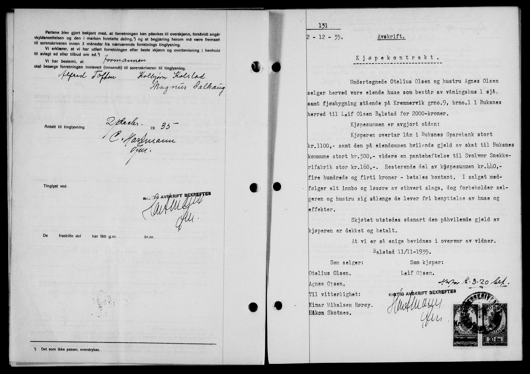 Lofoten sorenskriveri, SAT/A-0017/1/2/2C/L0032b: Mortgage book no. 32b, 1935-1935, Deed date: 02.12.1935