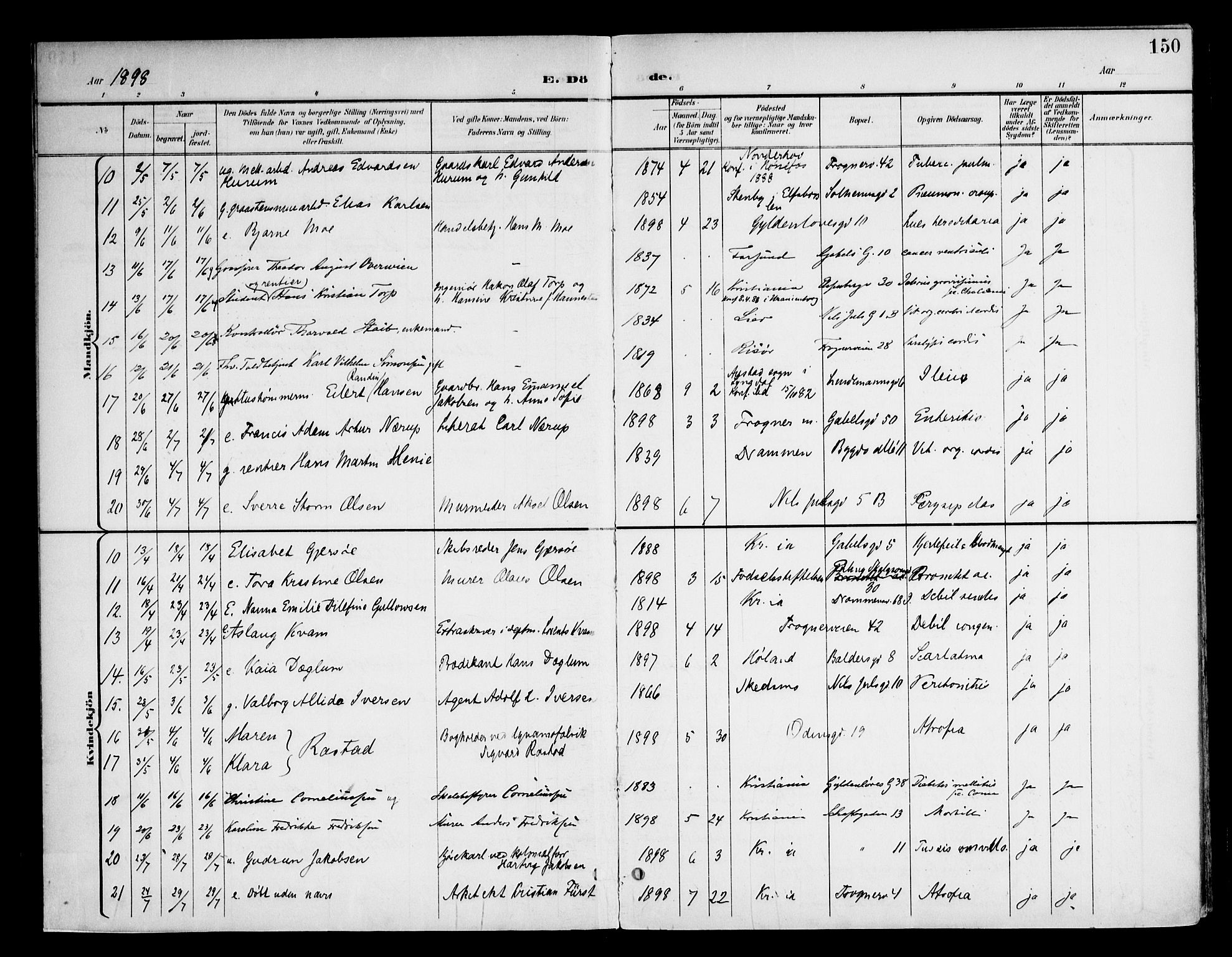 Frogner prestekontor Kirkebøker, AV/SAO-A-10886/F/Fa/L0004: Parish register (official) no. 4, 1898-1921, p. 150