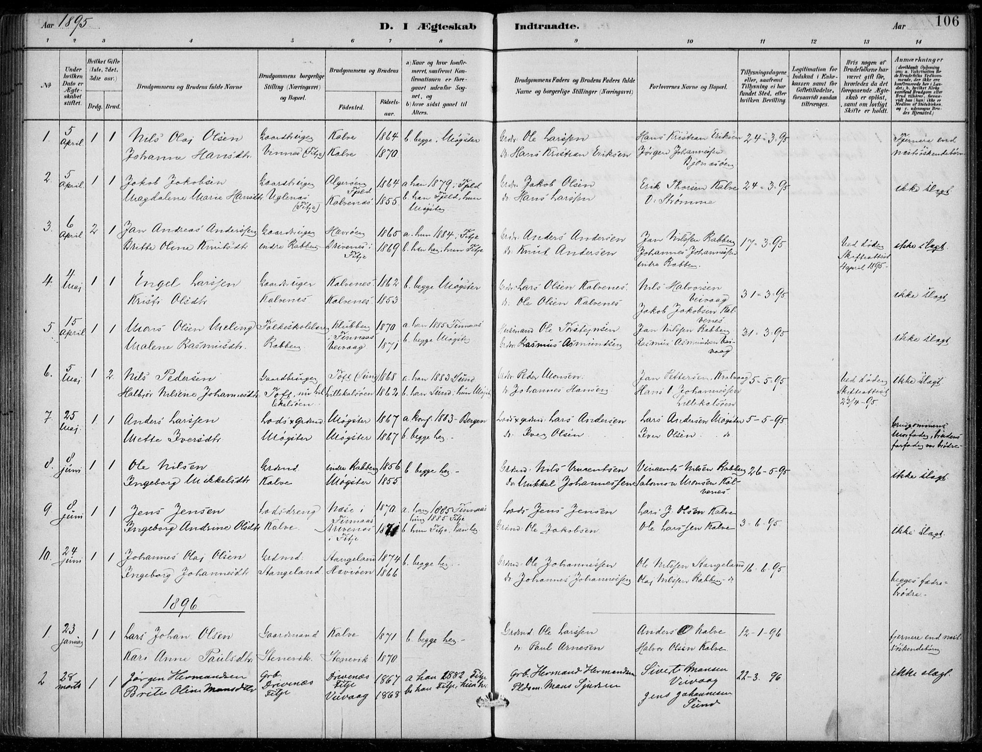 Sund sokneprestembete, AV/SAB-A-99930: Parish register (official) no. D 1, 1882-1899, p. 106