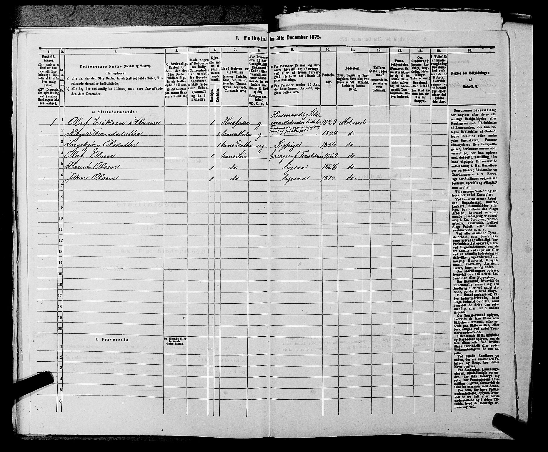 SAKO, 1875 census for 0831P Moland, 1875, p. 537