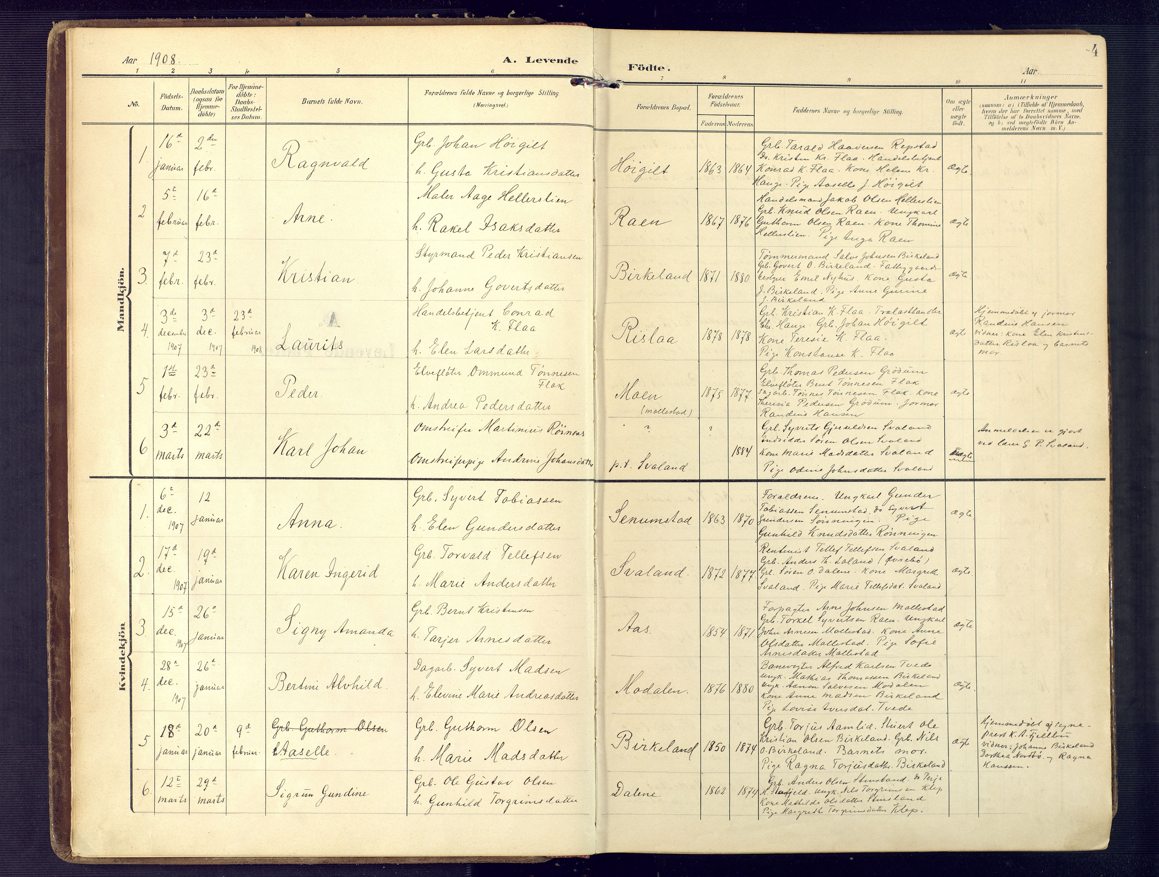 Birkenes sokneprestkontor, SAK/1111-0004/F/Fa/L0006: Parish register (official) no. A 6, 1908-1932, p. 4