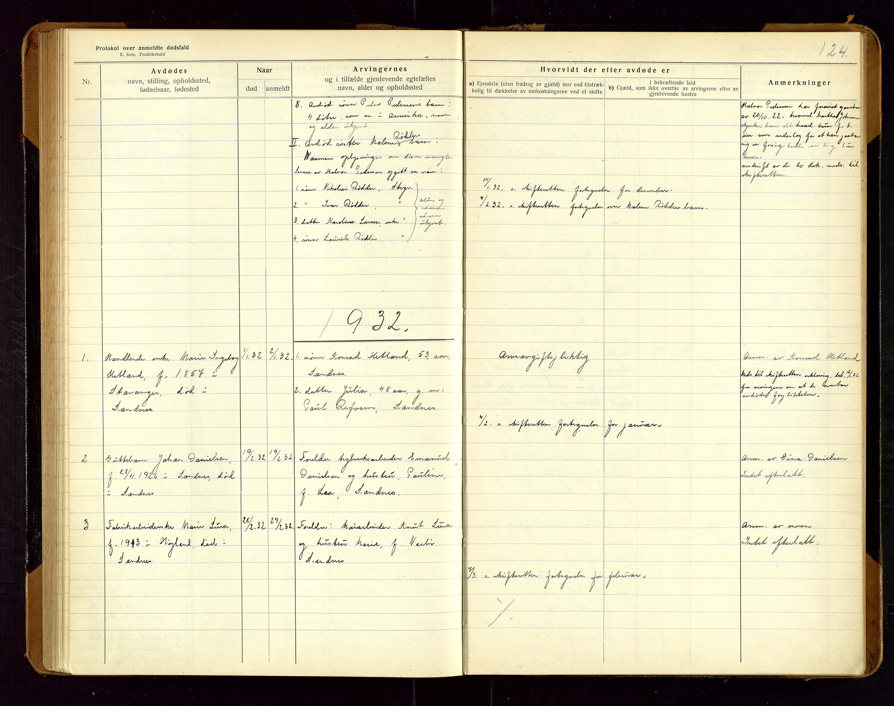 Sandnes lensmannskontor, SAST/A-100167/Gga/L0001: "Protokol over anmeldte dødsfald" m/register, 1918-1940, p. 124
