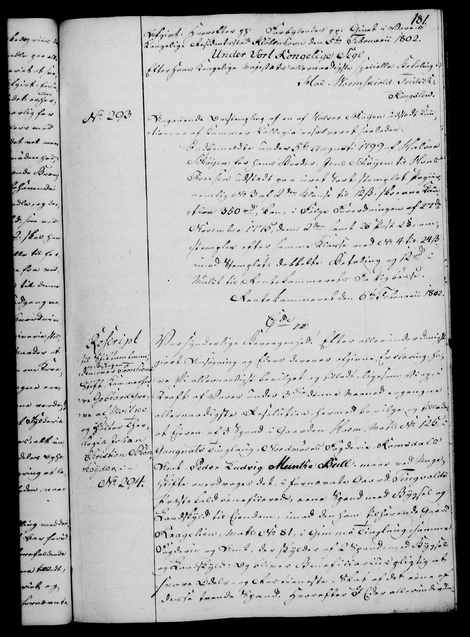 Rentekammeret, Kammerkanselliet, RA/EA-3111/G/Gg/Gga/L0017: Norsk ekspedisjonsprotokoll med register (merket RK 53.17), 1801-1803, p. 181