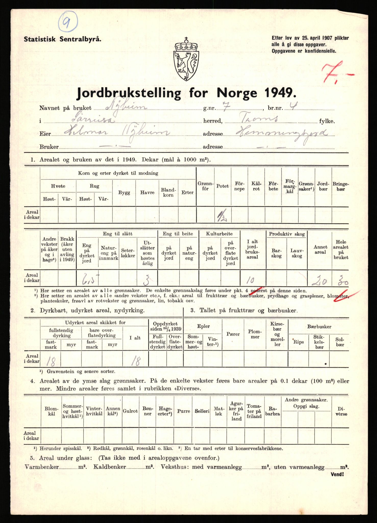 Statistisk sentralbyrå, Næringsøkonomiske emner, Jordbruk, skogbruk, jakt, fiske og fangst, AV/RA-S-2234/G/Gc/L0440: Troms: Sørreisa og Dyrøy, 1949, p. 174