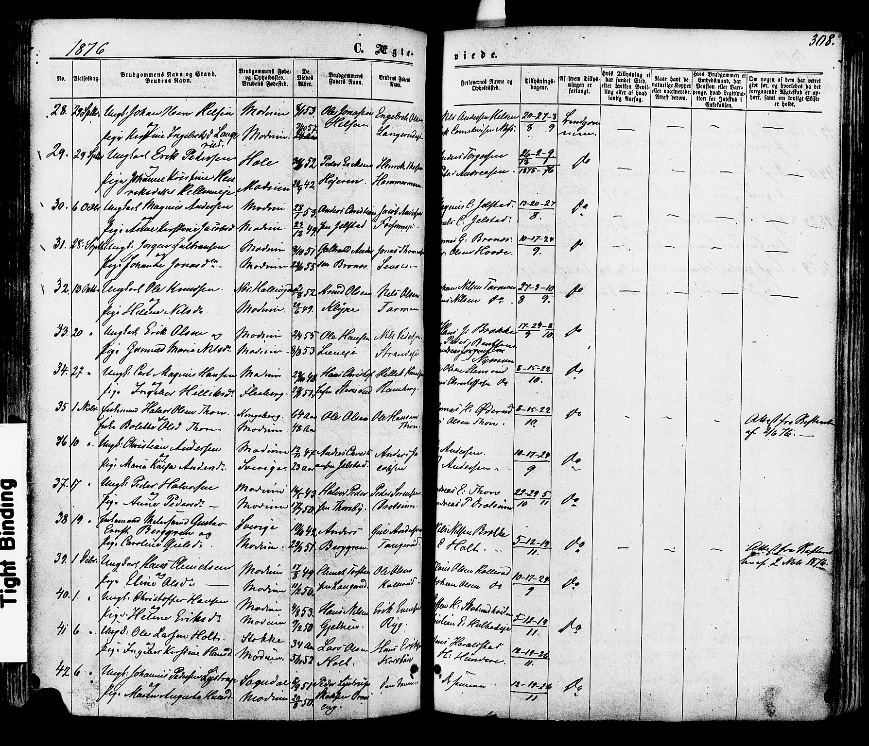 Modum kirkebøker, AV/SAKO-A-234/F/Fa/L0010: Parish register (official) no. 10, 1865-1876, p. 308