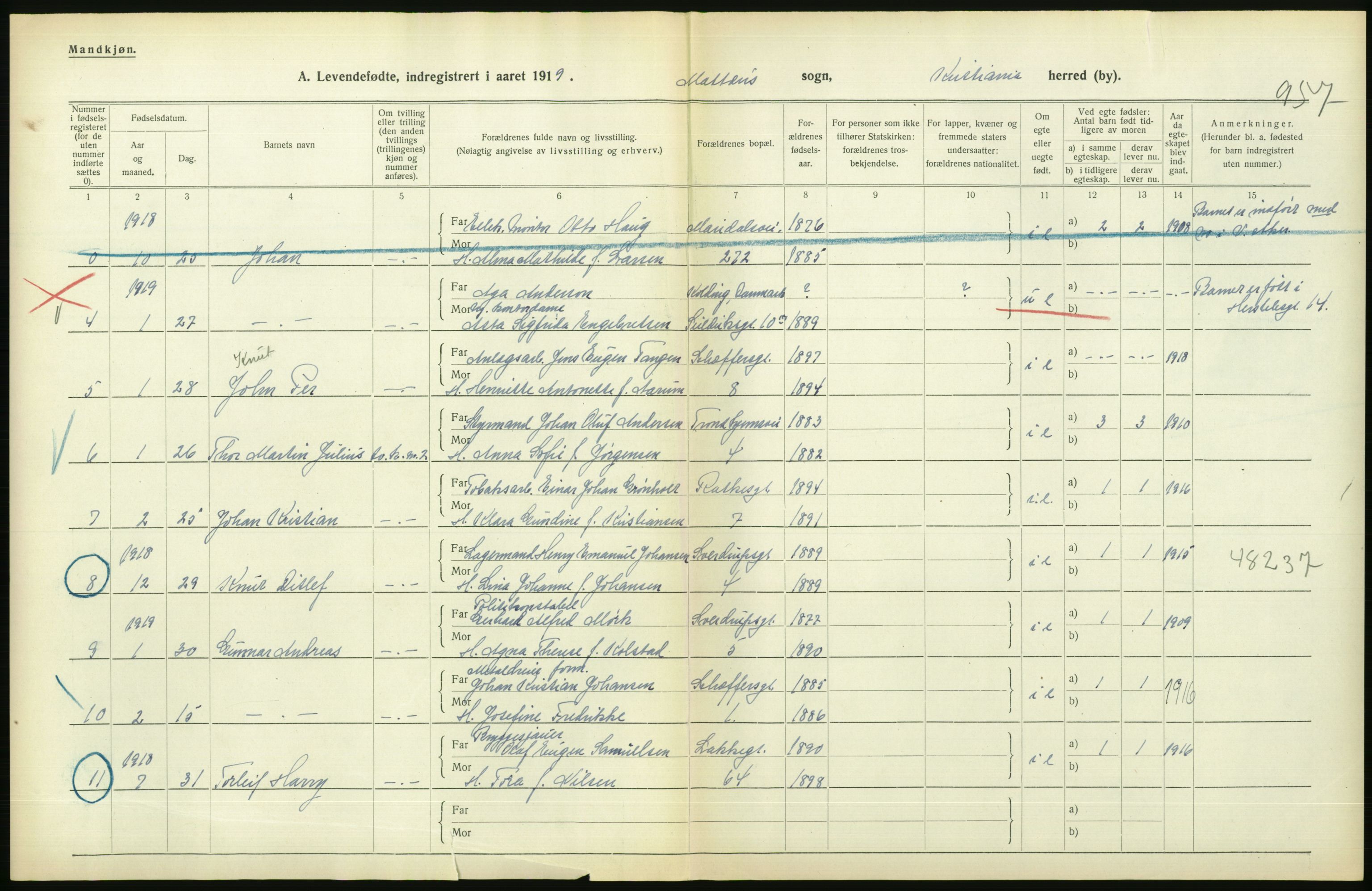 Statistisk sentralbyrå, Sosiodemografiske emner, Befolkning, AV/RA-S-2228/D/Df/Dfb/Dfbi/L0008: Kristiania: Levendefødte menn og kvinner., 1919