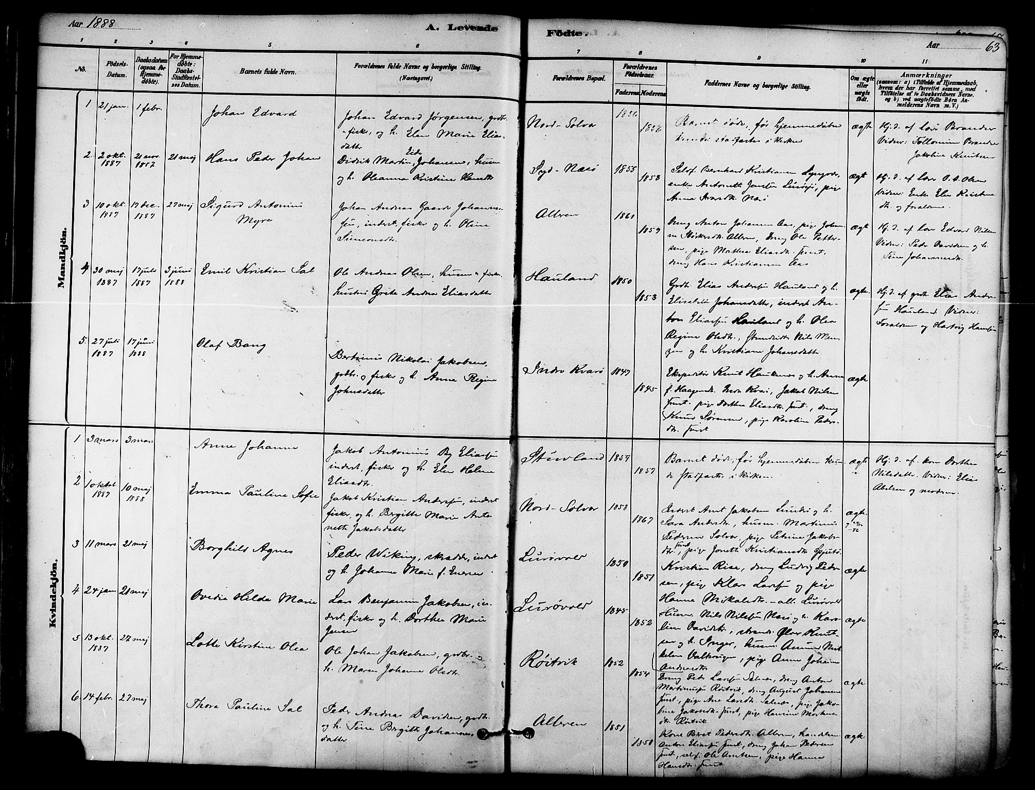Ministerialprotokoller, klokkerbøker og fødselsregistre - Nordland, SAT/A-1459/839/L0568: Parish register (official) no. 839A05, 1880-1902, p. 63