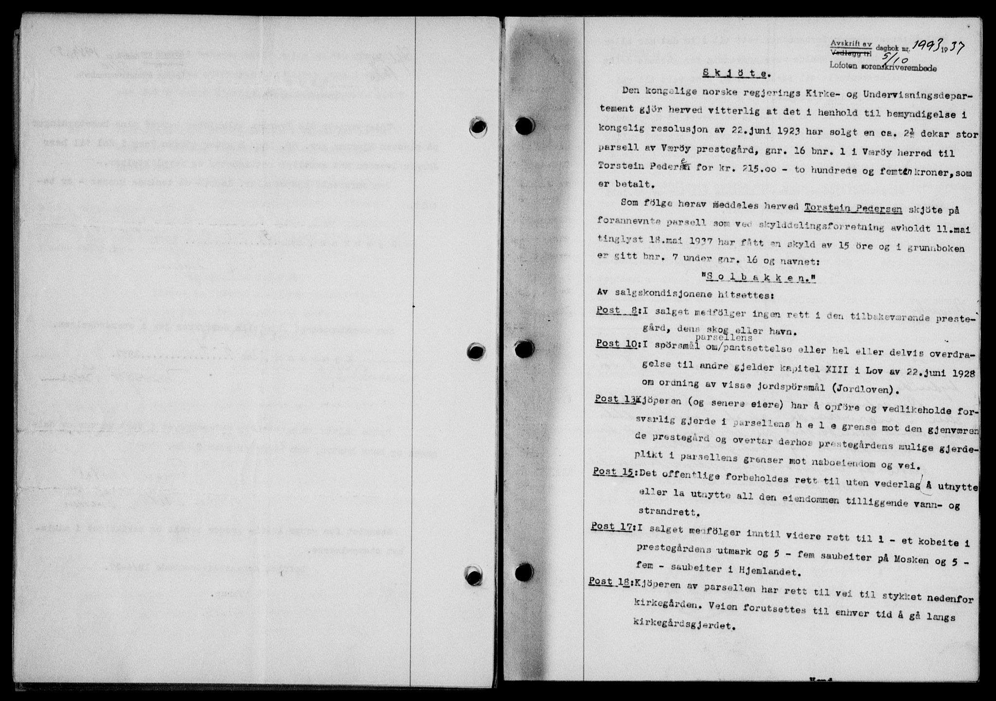 Lofoten sorenskriveri, SAT/A-0017/1/2/2C/L0003a: Mortgage book no. 3a, 1937-1938, Diary no: : 1993/1937