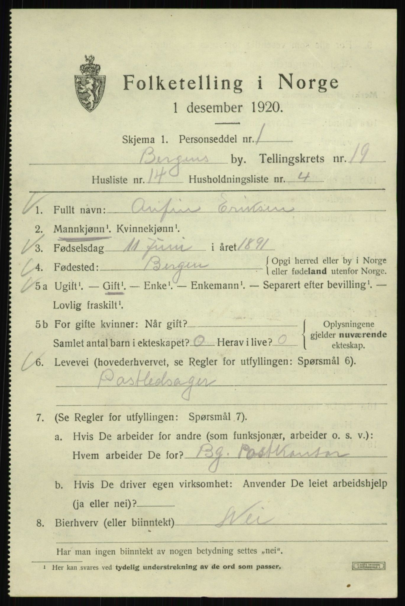 SAB, 1920 census for Bergen, 1920, p. 82862