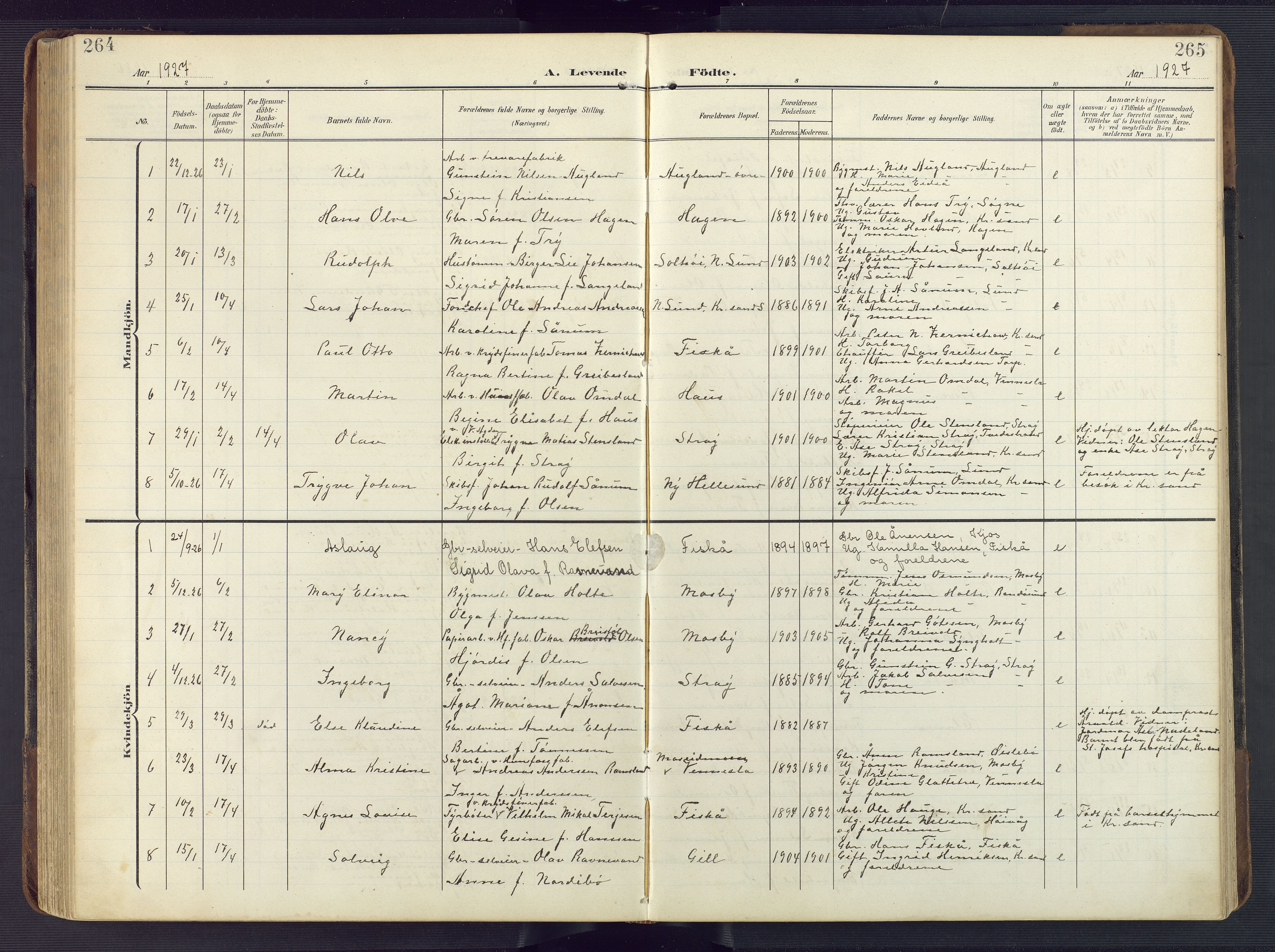 Oddernes sokneprestkontor, SAK/1111-0033/F/Fb/Fba/L0010: Parish register (copy) no. B 10, 1907-1941, p. 264-265