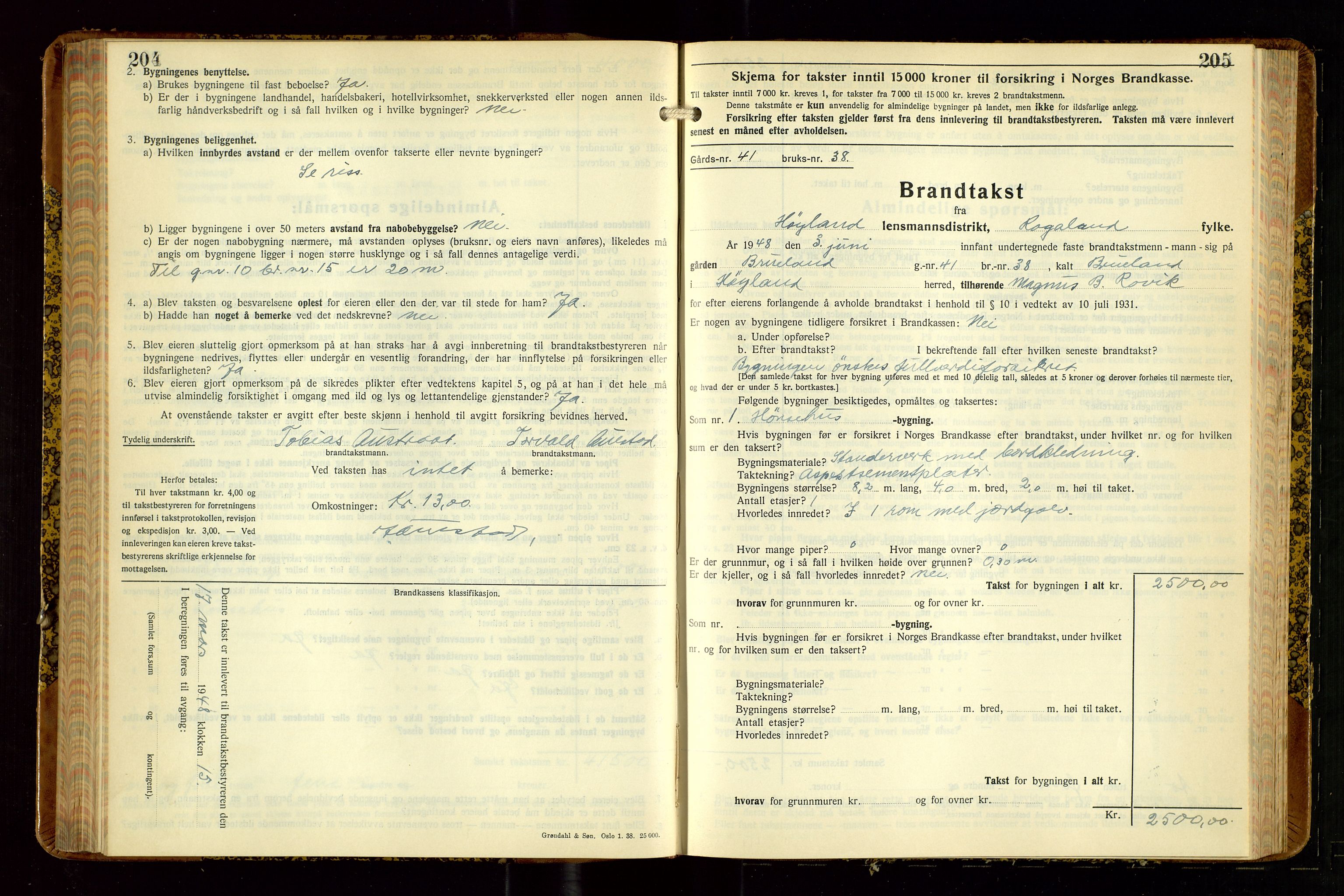 Høyland/Sandnes lensmannskontor, AV/SAST-A-100166/Gob/L0008: "Branntakstprotokoll", 1940-1952, p. 204-205