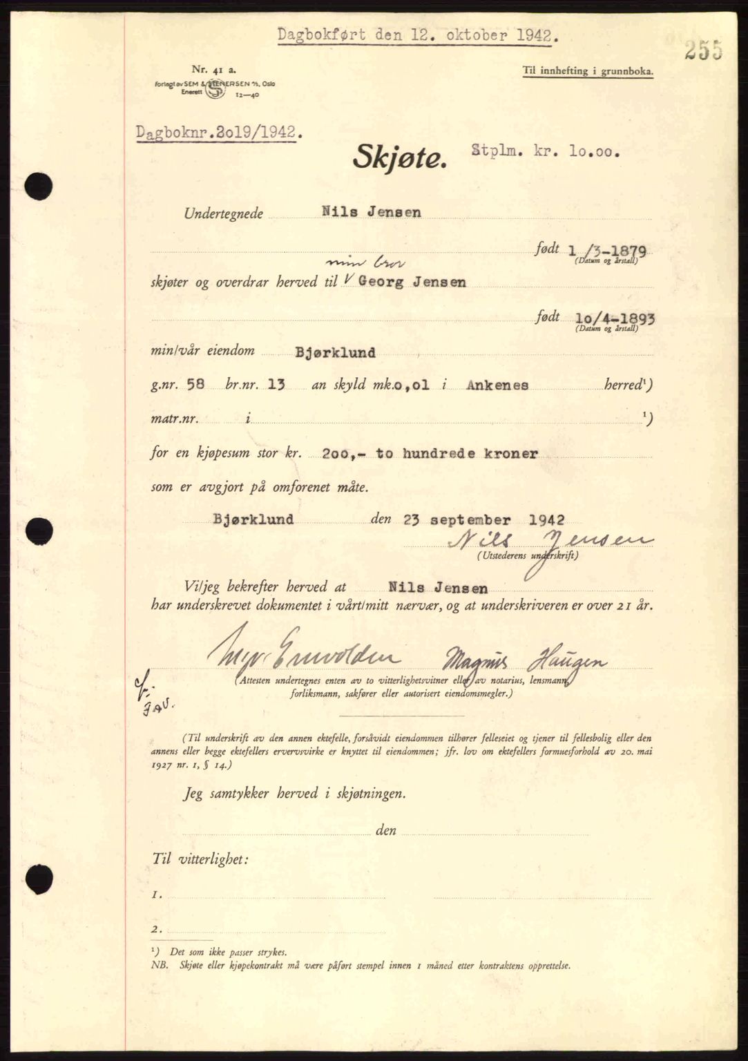 Steigen og Ofoten sorenskriveri, AV/SAT-A-0030/1/2/2C: Mortgage book no. A9-12, 1942-1946, Diary no: : 2019/1942